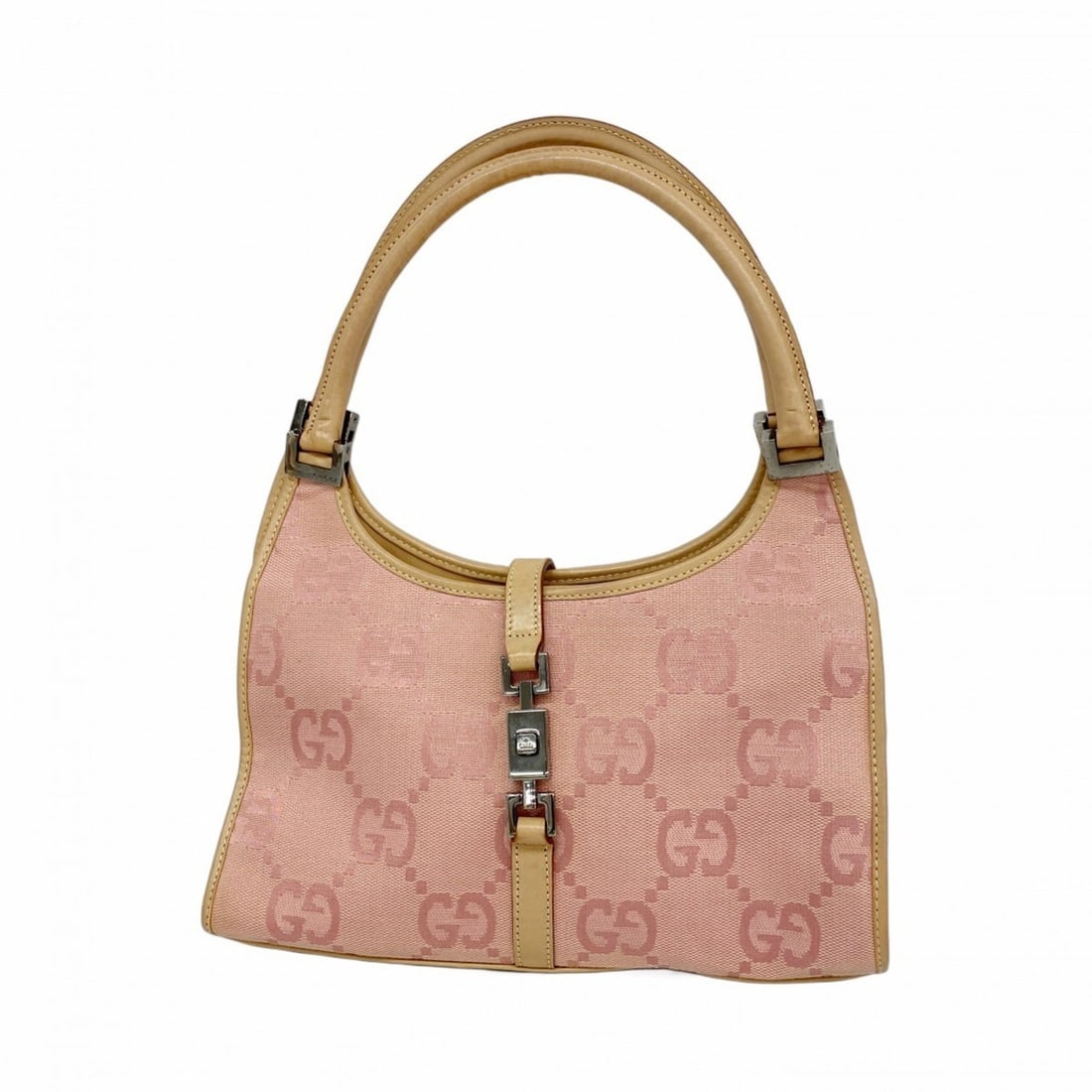 Gucci Jackie 002 1068 Canvas Handbag in Pink and Light Brown for Women: --- Catalog ---Category: SizeSize (HxWxD): 15cm x 26cm x 7cm / 5.9'' x 10.23'' x 2.75''Category: DesignType: HandbagColor: Light brown, PinkGender: WomenMaterial: Canvas Hardware Color: SilverCategory