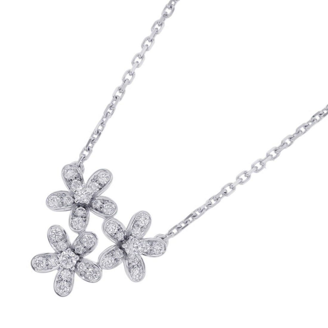 Van Cleef & Arpels Socrates Pendant Necklace with 3 Flowers and 44 Diamonds, 0.91ct Total, 18K White: --- Catalog ---Category: SizePendant Size: 16.4mm x 18.5mm / 0.64'' x 0.72''Neck Circumference: 39 cm / 15.35''Category: DesignGender: Women,MenMaterial: White gold (18K)Pendant Type: PendantNecklace