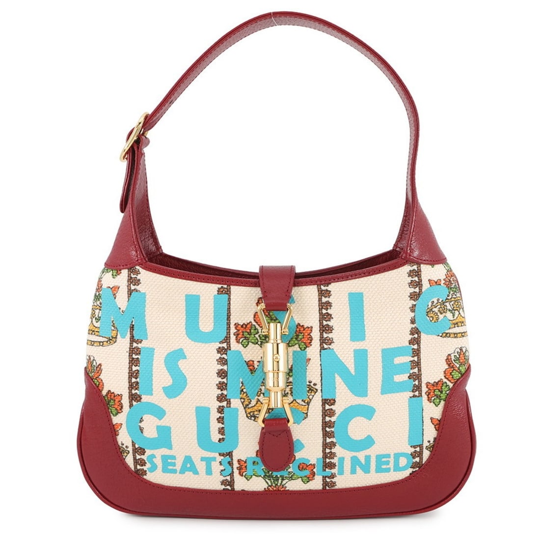 Gucci Jackie 1961 Small Shoulder Bag in MUSIC IS MINE Canvas/Leather (636706): --- Catalog ---Category: SizeSize (HxWxD): 18cm x 28cm x 4cm / 7.08'' x 11.02'' x 1.57''Category: DesignType: Handbag, Shoulder bagColor: Ivory, Red colorGender: WomenMaterial: Canvas , Leather Catego