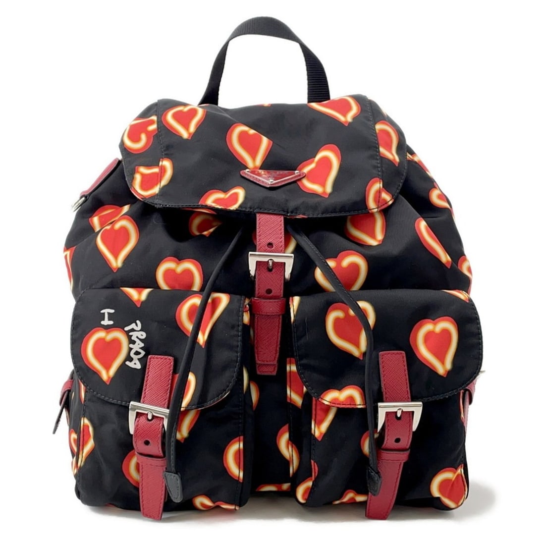 Prada Backpack, Heart Print Nylon, 1BZ006, Black: --- Catalog ---Category: SizeSize (HxWxD): 28.5cm x 28cm x 13cm / 11.22'' x 11.02'' x 5.11''Category: DesignType: BackpackColor: Black, Red colorGender: Women,MenMaterial: Nylon Category: GeneralBrand