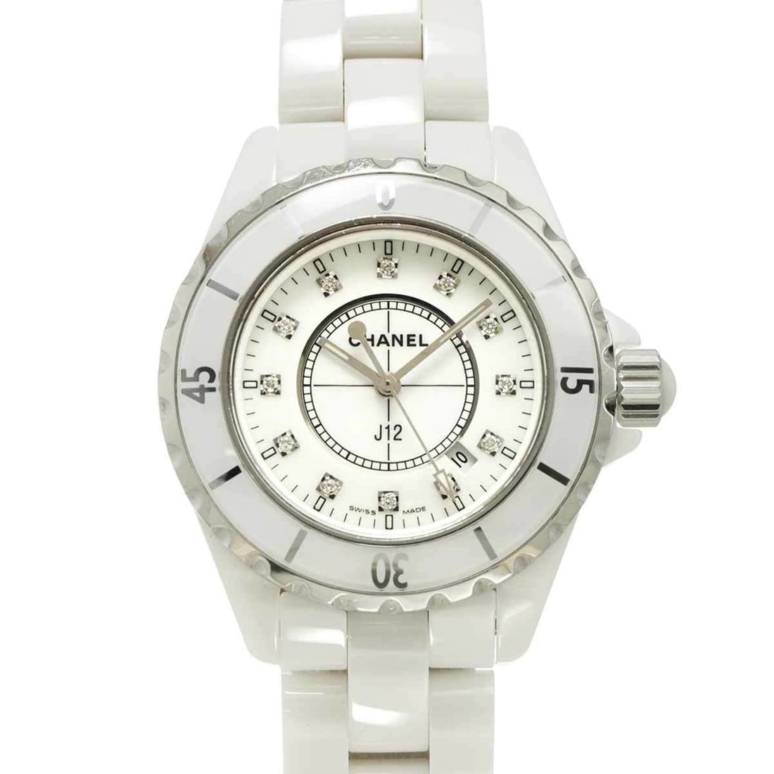 CHANEL J12 33mm H1628 Women's Watch with 12 Diamonds, Date Display, White Ceramic Quartz Movement: --- Catalog ---Category: SizeWrist Size: 17cm / 6.69''Case Diameter: 34mm / 1.34''Category: DesignType: WristwatchGender: WomenColor (Dial): WhiteMaterial (Band): Ceramic, Stainless steelMaterial (Cas