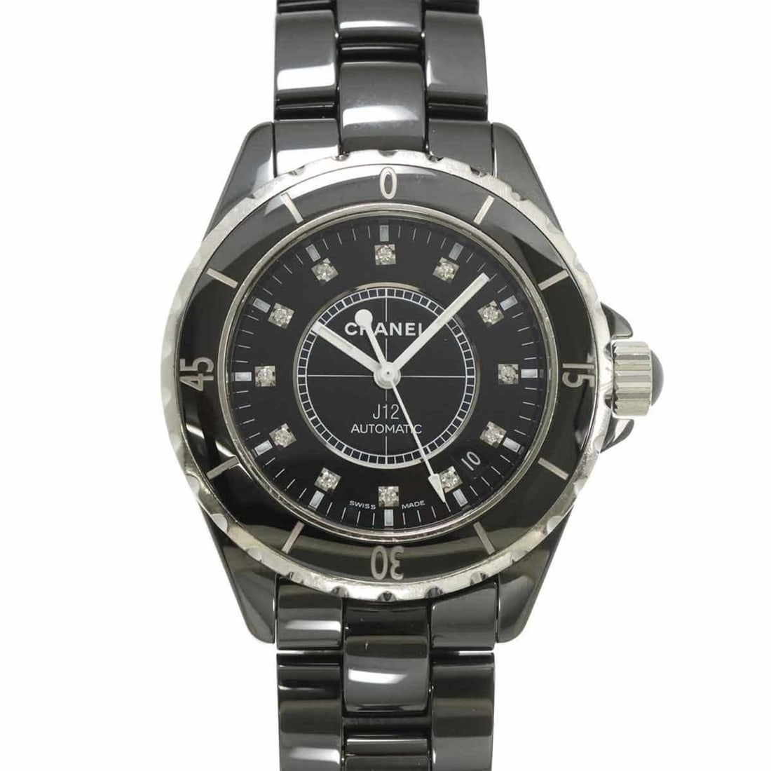 Chanel J12 38mm H1626 Men's Watch with 12 Diamonds, Black Ceramic, Date Display, Automatic Movement: --- Catalog ---Category: SizeWrist Size: 16cm / 6.29''Case Diameter: 39mm / 1.54''Category: DesignType: WristwatchGender: MenColor (Dial): BlackMaterial (Band): Ceramic, Stainless steelMaterial (Case)