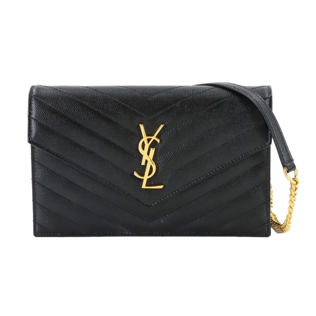 Saint Laurent Cassandre Envelope Chain Wallet, black leather with gold hardware (product number: --- Catalog ---Category: SizeSize (HxWxD): 12.5cm x 19cm x 4.5cm / 4.92'' x 7.48'' x 1.77''Category: DesignType: Chain/Shoulder walletColor: BlackGender: WomenMaterial: Leather Category: GeneralMPN: 7