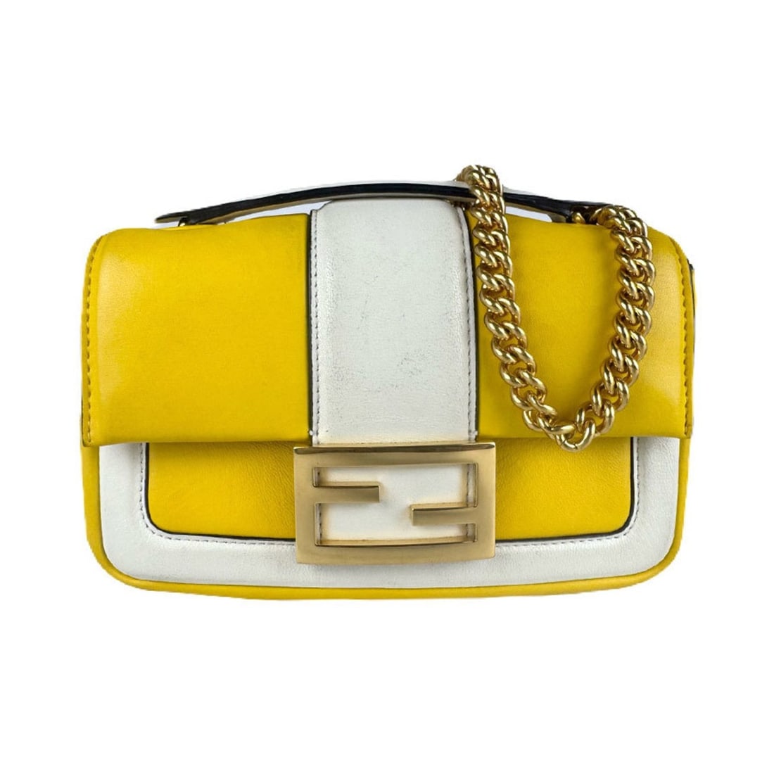 FENDI Mini Two-Tone Nappa Apollo Chain Baguette Leather Shoulder Bag in Yellow/White Gold: --- Catalog ---Category: SizeSize (HxWxD): 12cm x 18cm x 5cm / 4.72'' x 7.08'' x 1.96''Category: DesignType: Shoulder bagColor: White, YellowGender: WomenMaterial: Leather Hardware Color: GoldCategory