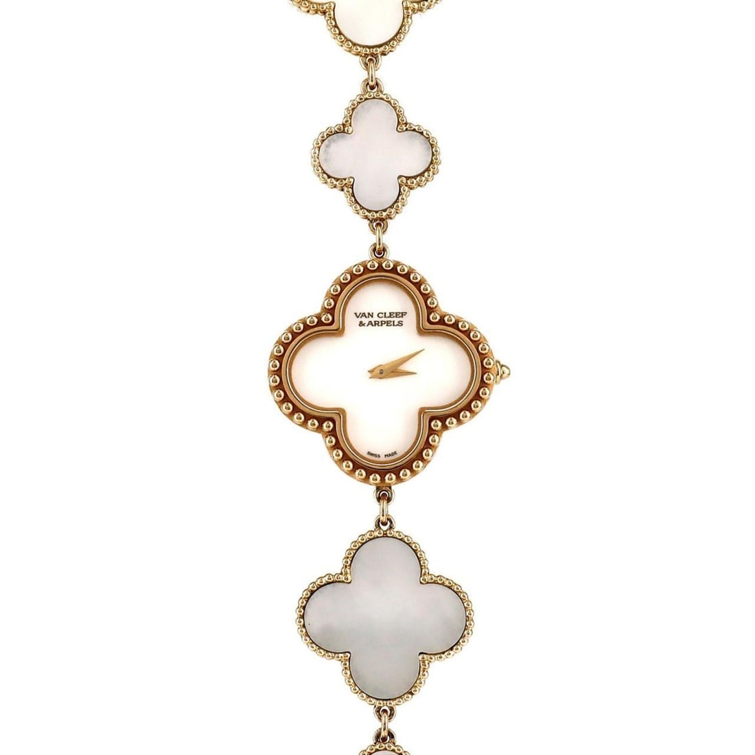 Van Cleef & Arpels Alhambra YG 136674 Quartz Watch: --- Catalog ---Category: SizeWrist Size: 16cm / 6.29''Case Diameter: 25.5mm / 1''Category: DesignType: WristwatchGender: WomenColor (Dial): WhiteMaterial (Band): Yellow goldMaterial (Case): Yellow gol