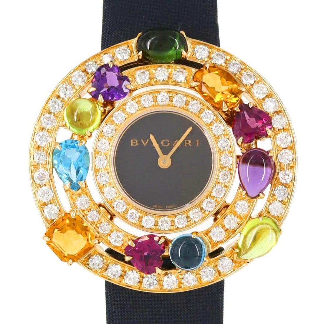 Bvlgari Cherchi Yellow Gold with D&Color Stones AE36G AE36D2CBL Quartz Watch: --- Catalog ---Category: SizeCase Diameter: 36mm / 1.42''Category: DesignType: WristwatchGender: WomenColor (Dial): BlackMaterial (Case): Yellow goldCategory: GeneralMPN: AE36G, AE36D2CBLBrand: Bvlgar