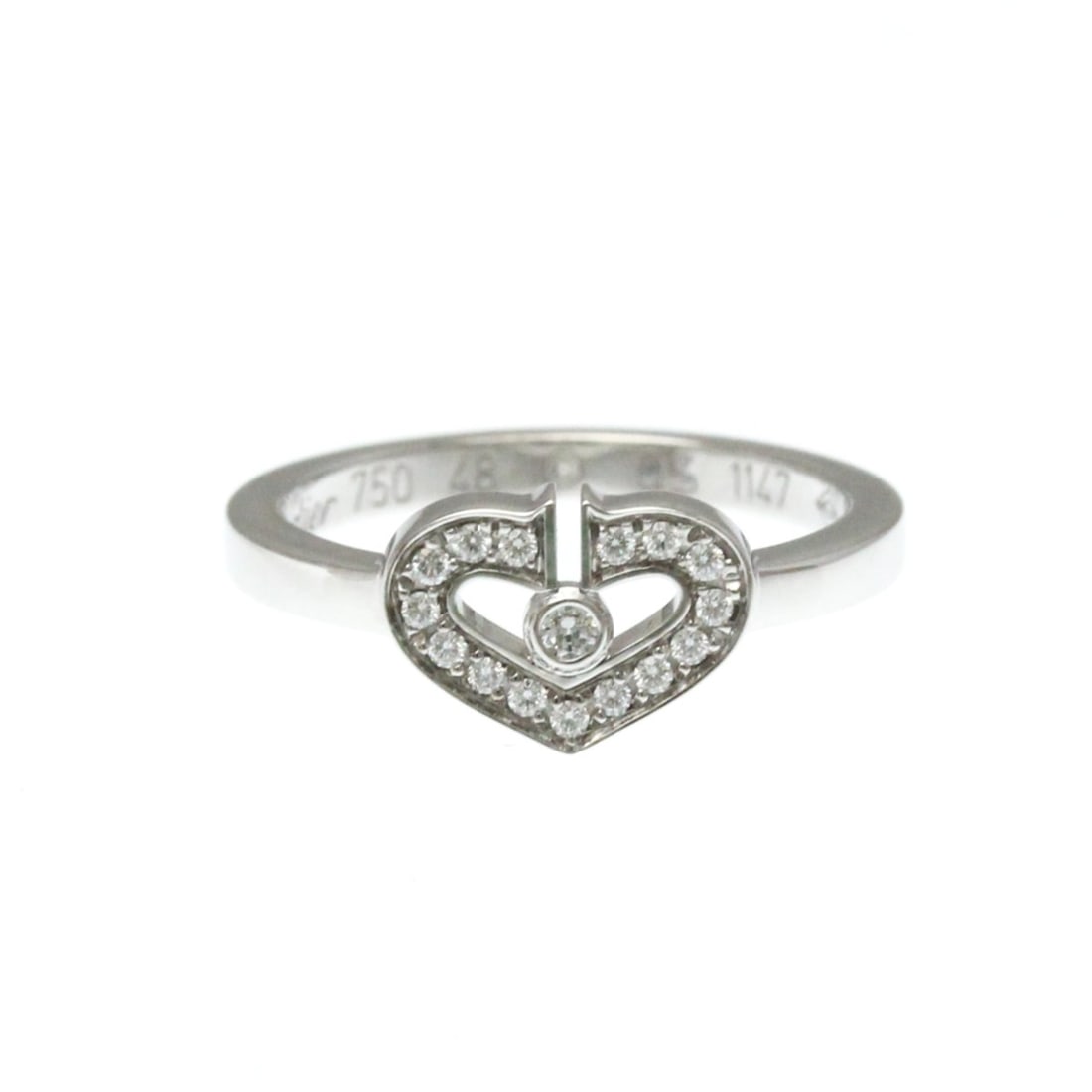 Cartier C Heart Ring White Gold (18K) Fashion Diamond Band Ring Silver: --- Catalog ---Category: SizeWeight: 3.5g / 0.12oz.JP Size: 8US Size: 4 1/2Brand Size: 48Stone Size (HxW): 7.20mm x 10.00mm / 0.28'' x 0.39''Category: DesignType: Band ringColor: SilverMetal: White Go