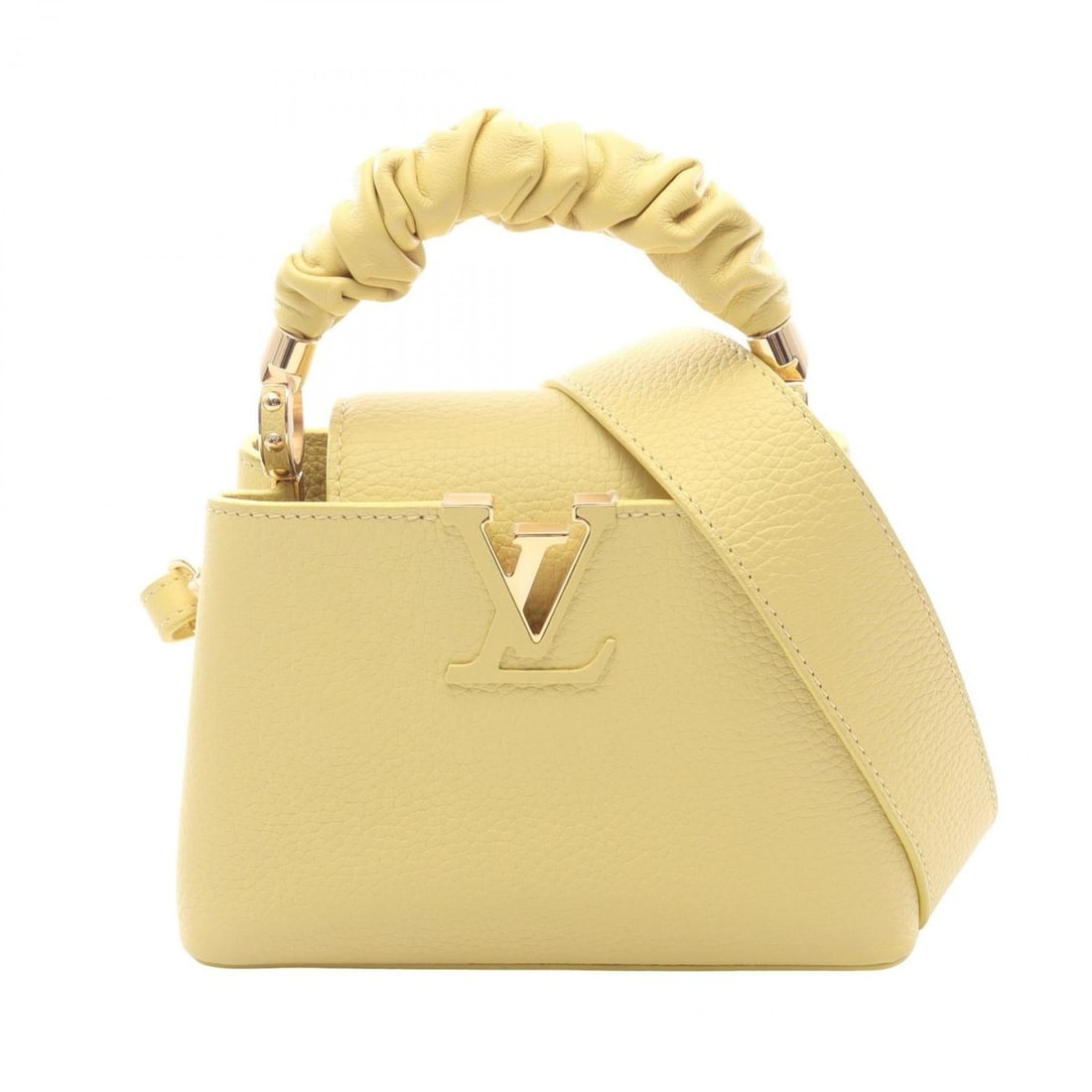 Louis Vuitton Capucines Mini Handbag, Taurillon Leather, Women's, Yellow, M58586: --- Catalog ---Category: SizeSize (HxWxD): 15cm x 19.5cm x 7cm / 5.9'' x 7.67'' x 2.75''Category: DesignType: HandbagColor: YellowGender: WomenMaterial: Leather Leather/Fur Type: Taurillon leatherCate
