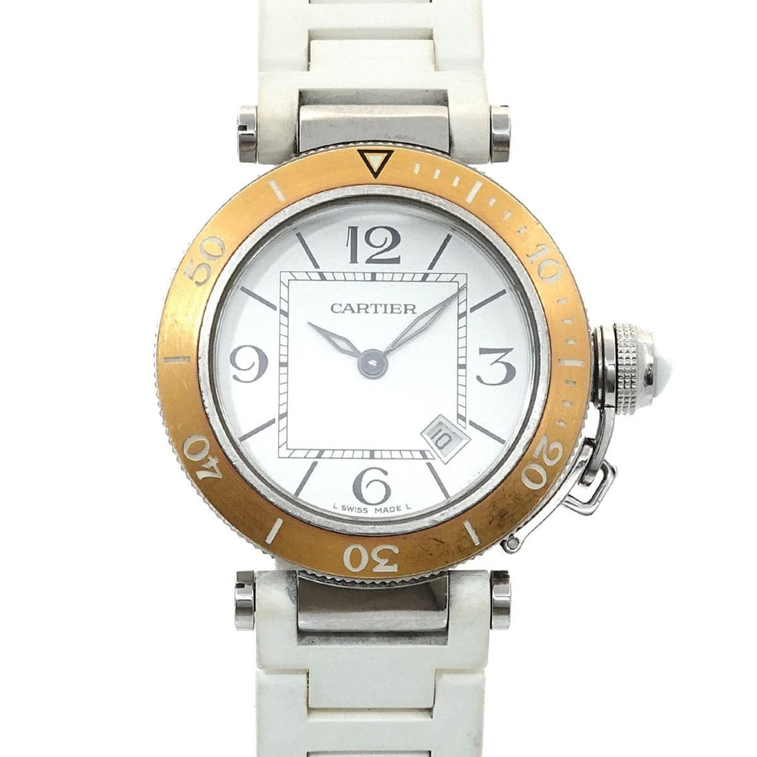 Cartier Pasha Seatimer Two-tone Watch W3140001 Women's Date Silver PG Quartz: --- Catalog ---Category: SizeWrist Size: 19cm / 7.48''Case Diameter: 33mm / 1.3''Category: DesignType: WristwatchGender: WomenColor (Dial): SilverMaterial (Band): Rubber, Stainless steelMaterial (Case