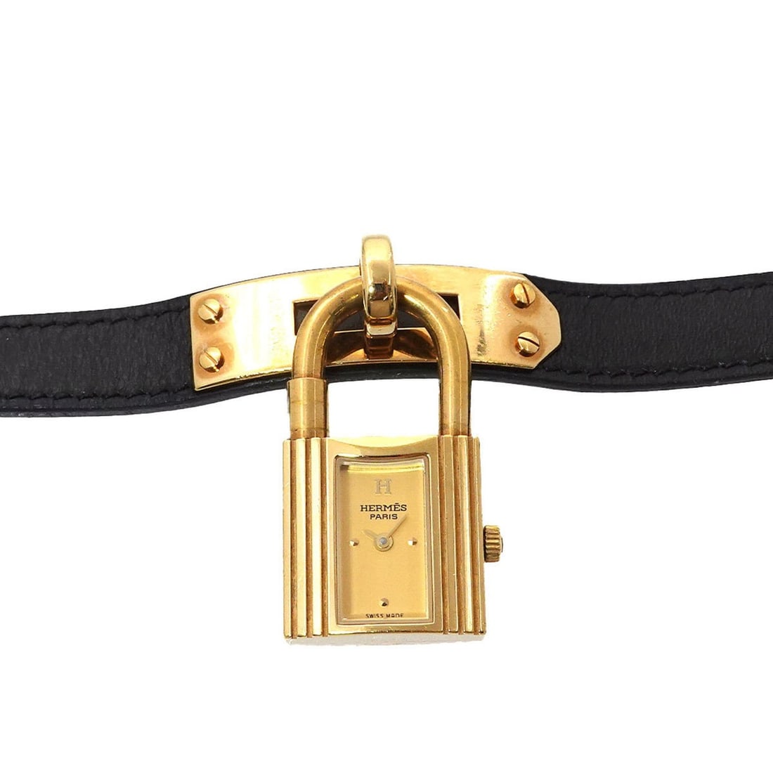Hermès Kelly Watch Women's Gold and Black Quartz with Cadena: --- Catalog ---Category: SizeWrist Size: 13.5cm - 16cm / 5.31'' - 6.29''Case Diameter: 20mm / 0.79''Category: DesignType: WristwatchGender: WomenColor (Dial): GoldMaterial (Band): Gold plated, Leather