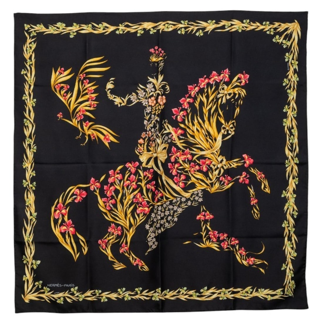 Hermes Hermès Carré 90 H. d'Origny Flowering Horse Scarf, Black and Multicolor Silk, Women's: --- Catalog ---Category: SizeSize (LxW): 89cm x 88cm / 35.03'' x 34.64''Category: DesignType: ScarfColor: Black, Multi-colorGender: WomenMaterial: Silk Category: GeneralBrand: Hermes--- Item List ---S
