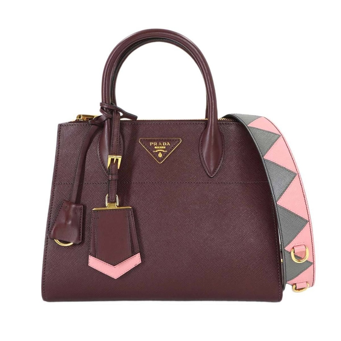 Prada Paradigram 2-way Hand Shoulder Bag in Saffiano Leather, Bordeaux, 1BA103: --- Catalog ---Category: SizeSize (HxWxD): 20cm x 27cm x 13cm / 7.87'' x 10.62'' x 5.11''Category: DesignType: Handbag, Shoulder bagColor: BordeauxGender: WomenMaterial: Saffiano triangle Category: Ge