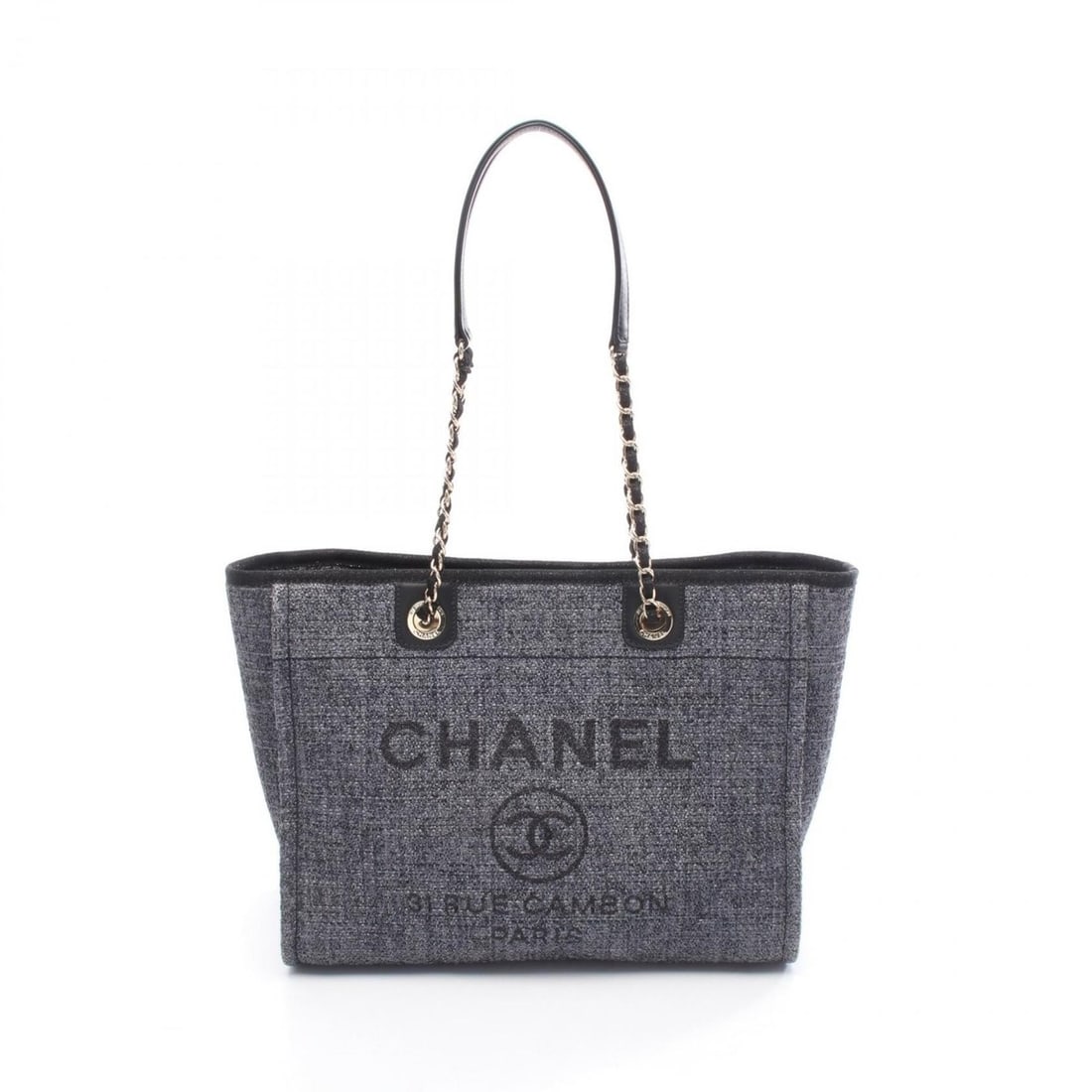 CHANEL Deauville Tote Bag, Fabric and Leather, Women's, Gray Black: --- Catalog ---Category: SizeSize (HxWxD): 26cm x 35cm x 14cm / 10.23'' x 13.77'' x 5.51''Category: DesignType: Tote bagColor: Black, GrayGender: WomenMaterial: Fabric , Leather Category: GeneralBrand