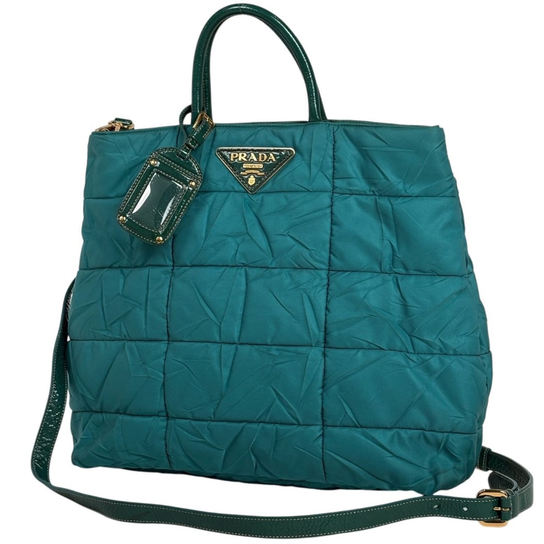 Prada logo plate tote bag, 2-way shoulder bag/handbag/tote nylon, green, for women: --- Catalog ---Category: SizeSize (HxWxD): 31cm x 34cm x 12cm / 12.2'' x 13.38'' x 4.72''Category: DesignType: Handbag, Shoulder bag, Tote bagColor: GreenGender: WomenMaterial: Nylon , Leather Categor