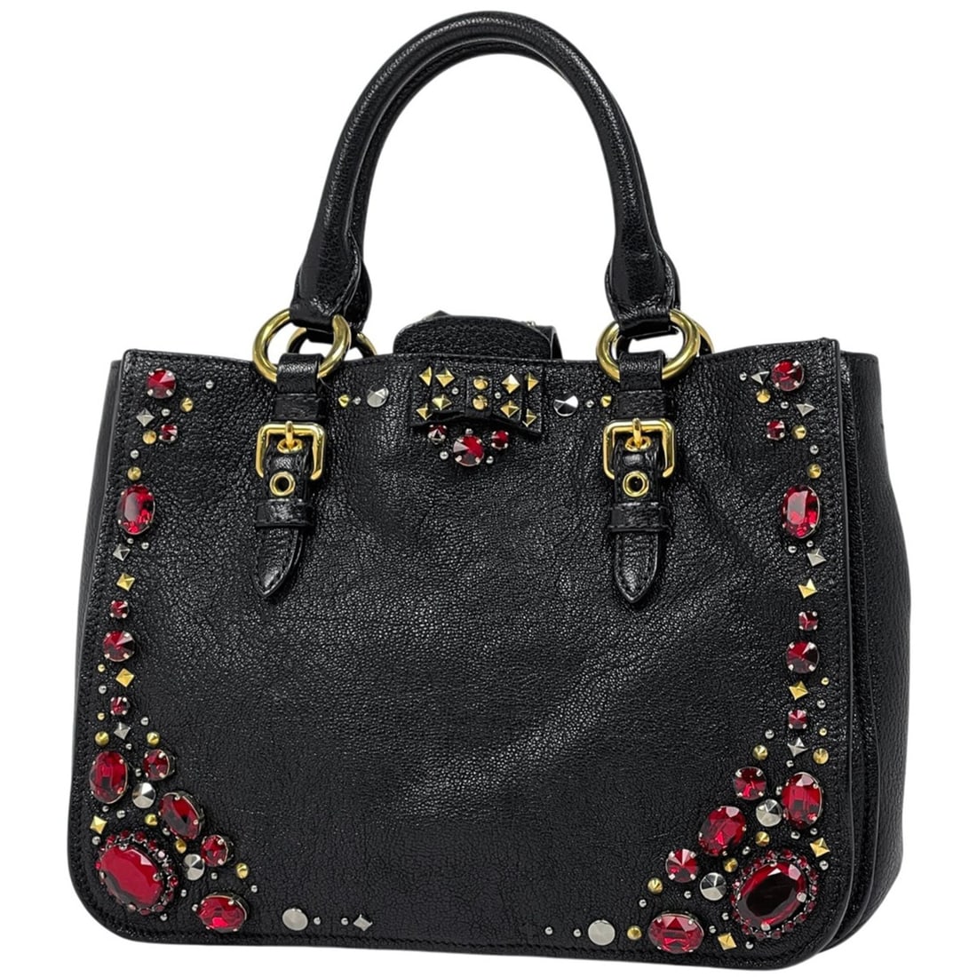 Miu Miu Miu logo handbag with studs and rhinestones in black leather for women. (1 of 10)