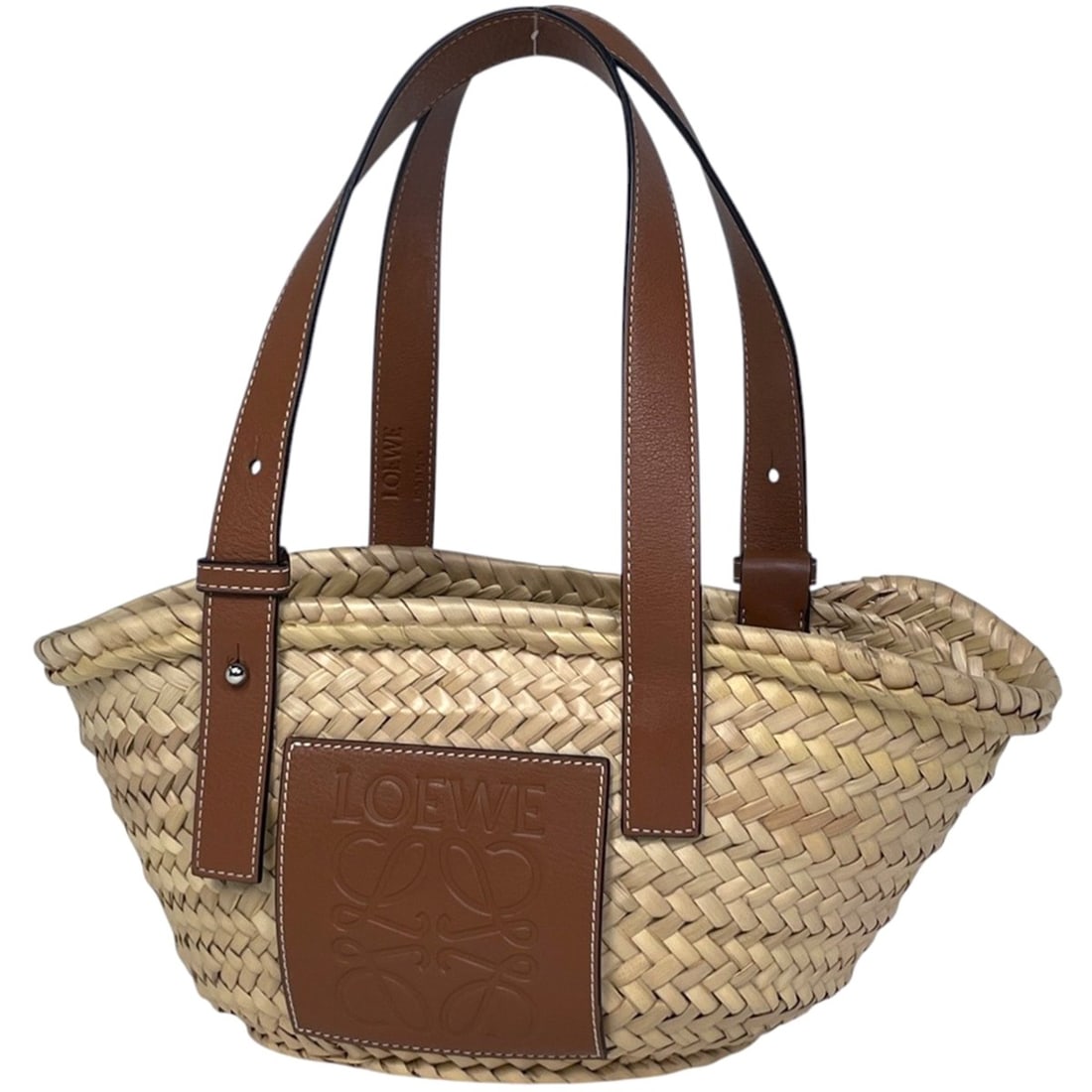 LOEWE Anagram Palm Leaf Basket Bag, Natural Brown Raffia Handbag for Women: --- Catalog ---Category: SizeSize (HxWxD): 17cm x 19cm x 12cm / 6.69'' x 7.48'' x 4.72''Category: DesignType: Basket, HandbagColor: BrownGender: WomenMaterial: Raffia , Leather Category: GeneralBrand: