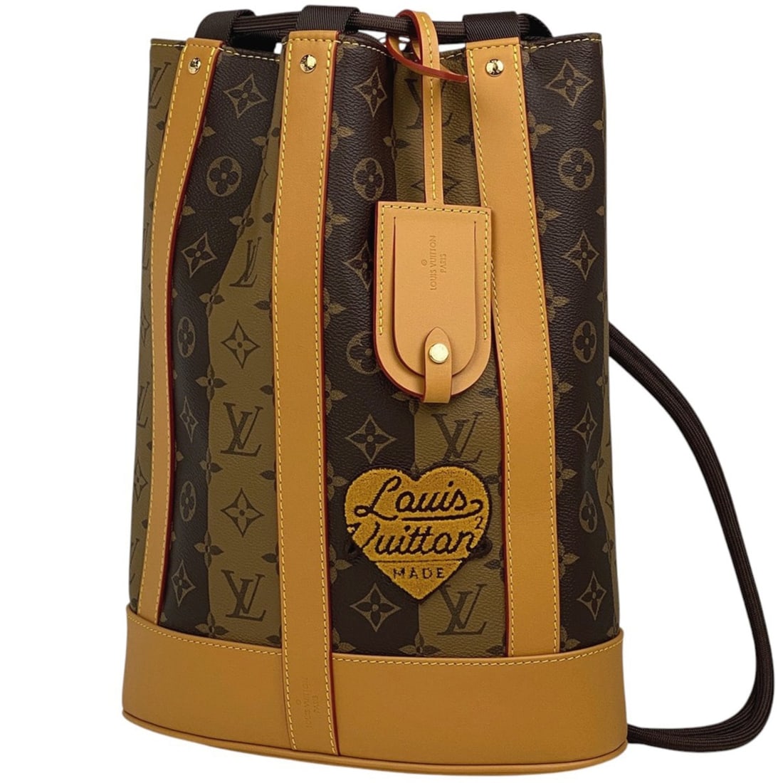 Louis Vuitton Randonne Messenger Bag, Monogram Stripe, NIGO Drawstring Shoulder Brown, M45968, Men's: --- Catalog ---Category: SizeSize (HxWxD): 34cm x 26cm x 12cm / 13.38'' x 10.23'' x 4.72''Category: DesignType: Shoulder bagColor: BrownGender: MenMaterial: Monogram Category: GeneralBrand: Louis Vuit