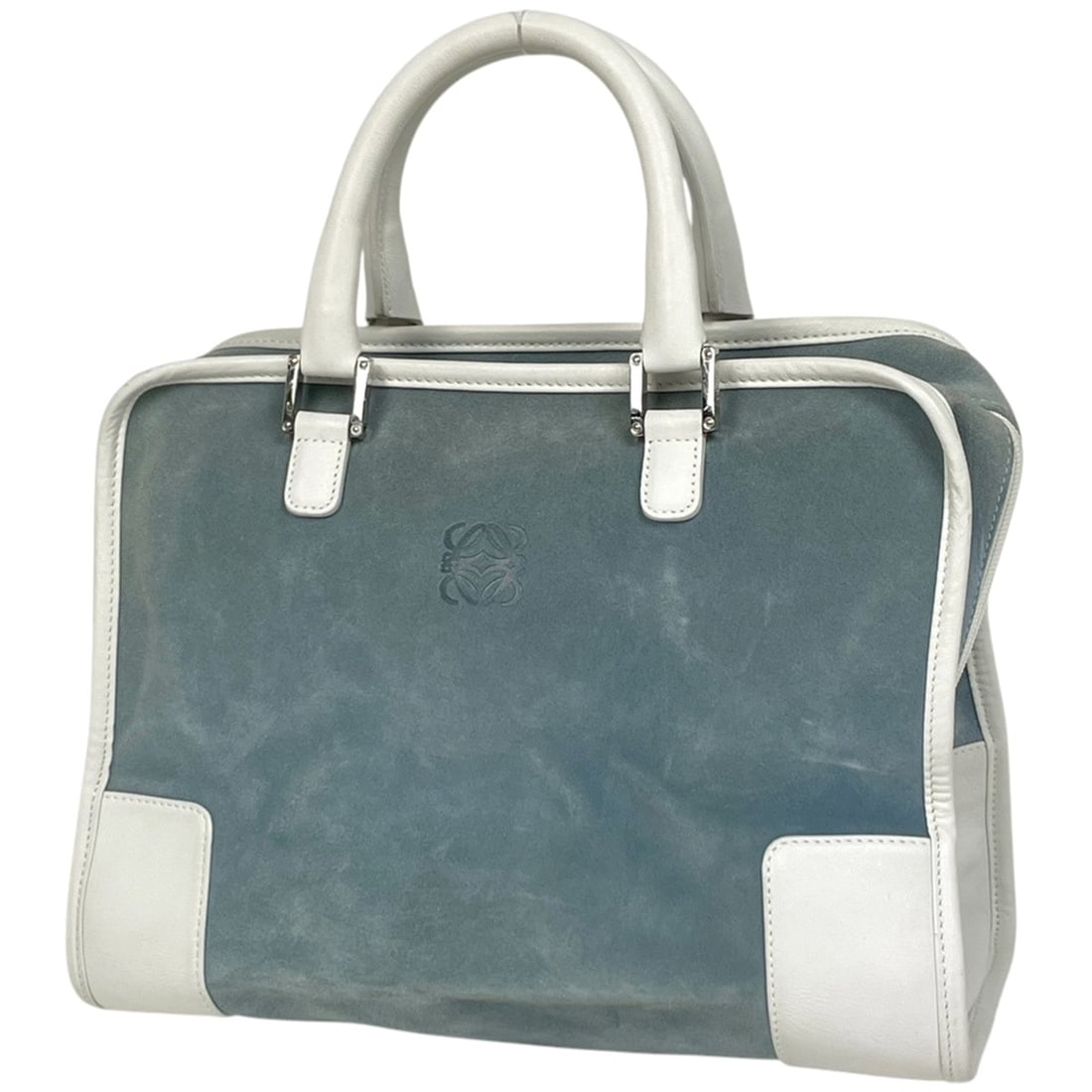 LOEWE Amazona 32 Logo Anagram Handbag in Light Blue and White Suede for Women: --- Catalog ---Category: SizeSize (HxWxD): 23cm x 32cm x 13cm / 9.05'' x 12.59'' x 5.11''Category: DesignType: HandbagColor: Light blue, WhiteGender: WomenMaterial: Suede , Leather Category: GeneralBr