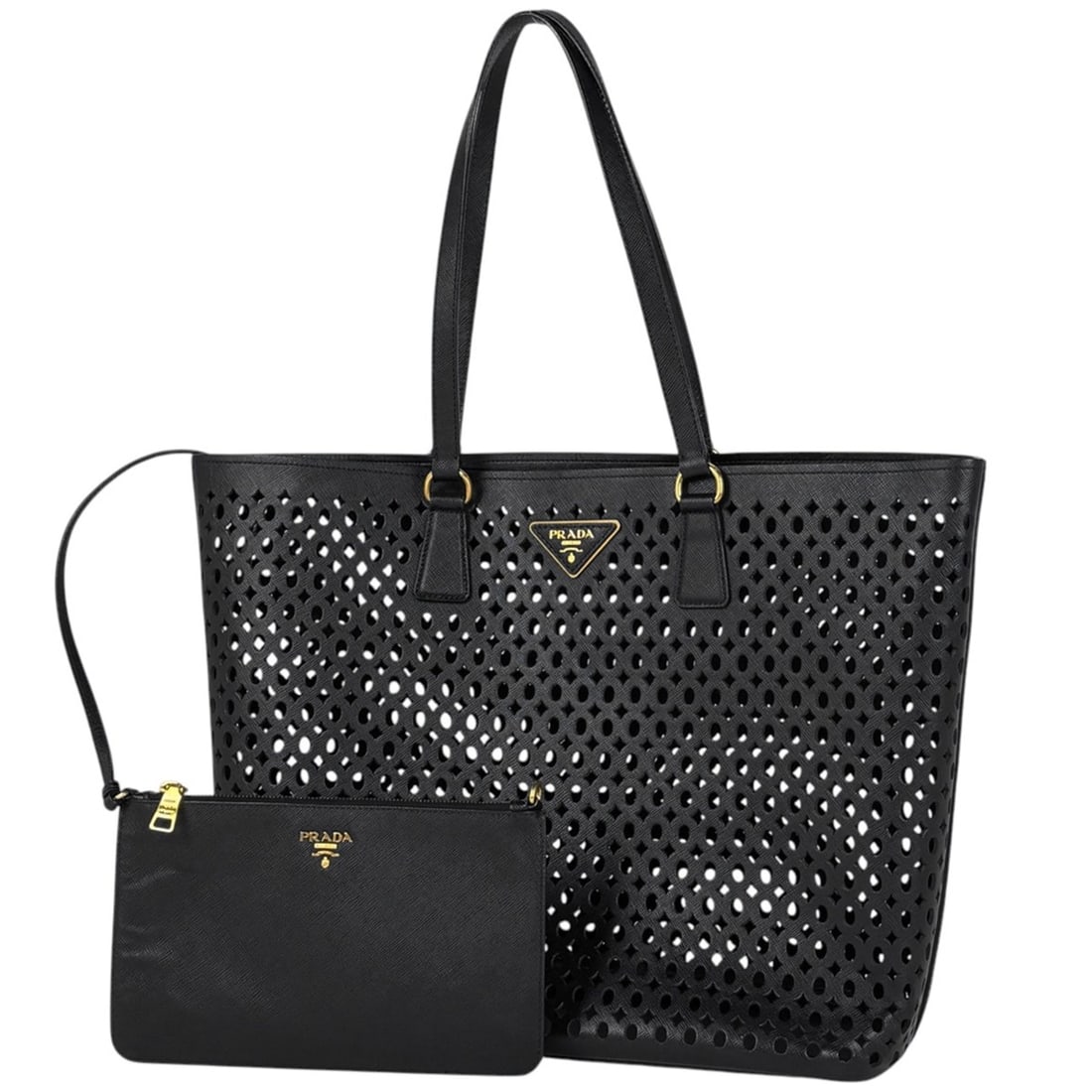 Prada logo plate tote bag, punched leather handbag, nero (black) for women. (1 of 10)