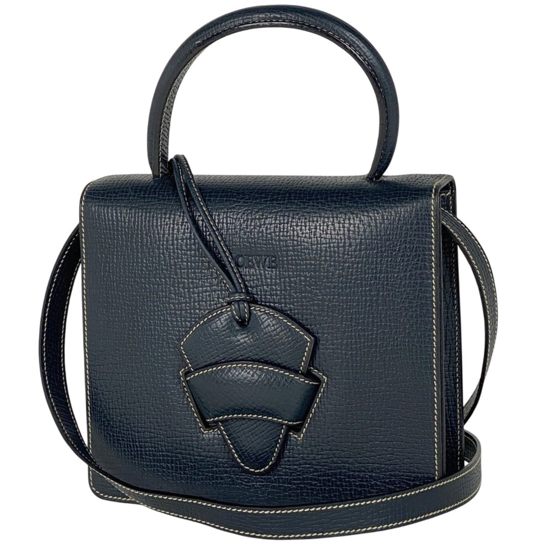 LOEWE Barcelona Handbag, 2-Way Shoulder Bag with Logo, Leather, Navy Blue, Women's (1 of 8)
