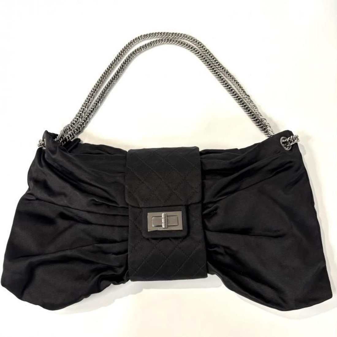 CHANEL 2.55 Chain Ribbon Shoulder Bag in Black Satin with Silver Hardware. (1 of 10)