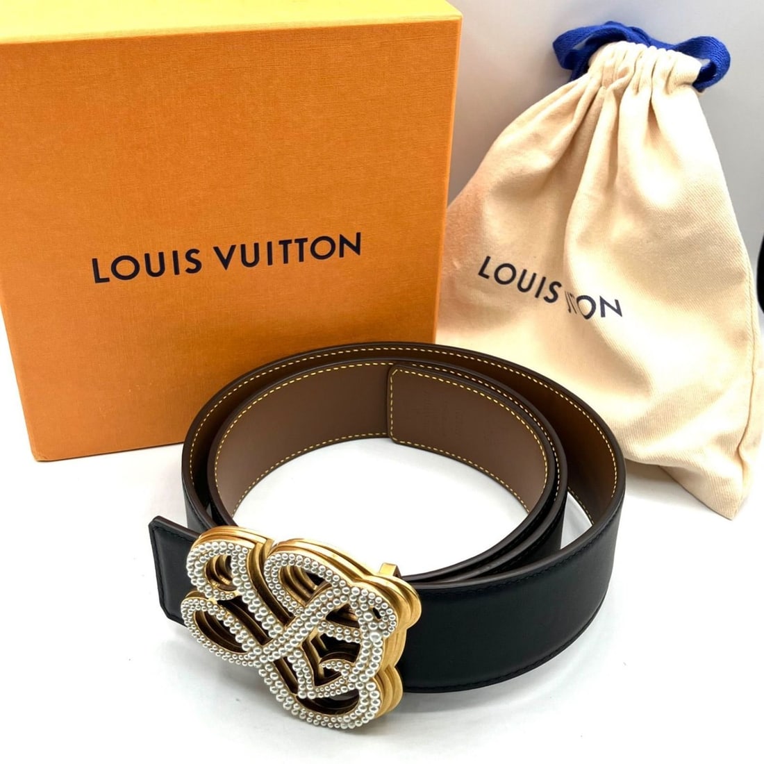 LOUIS VUITTON LV Dynasty Belt #95 Size 38 Calfskin with Metal and Faux Pearl Noir, Black or Brown, (1 of 12)