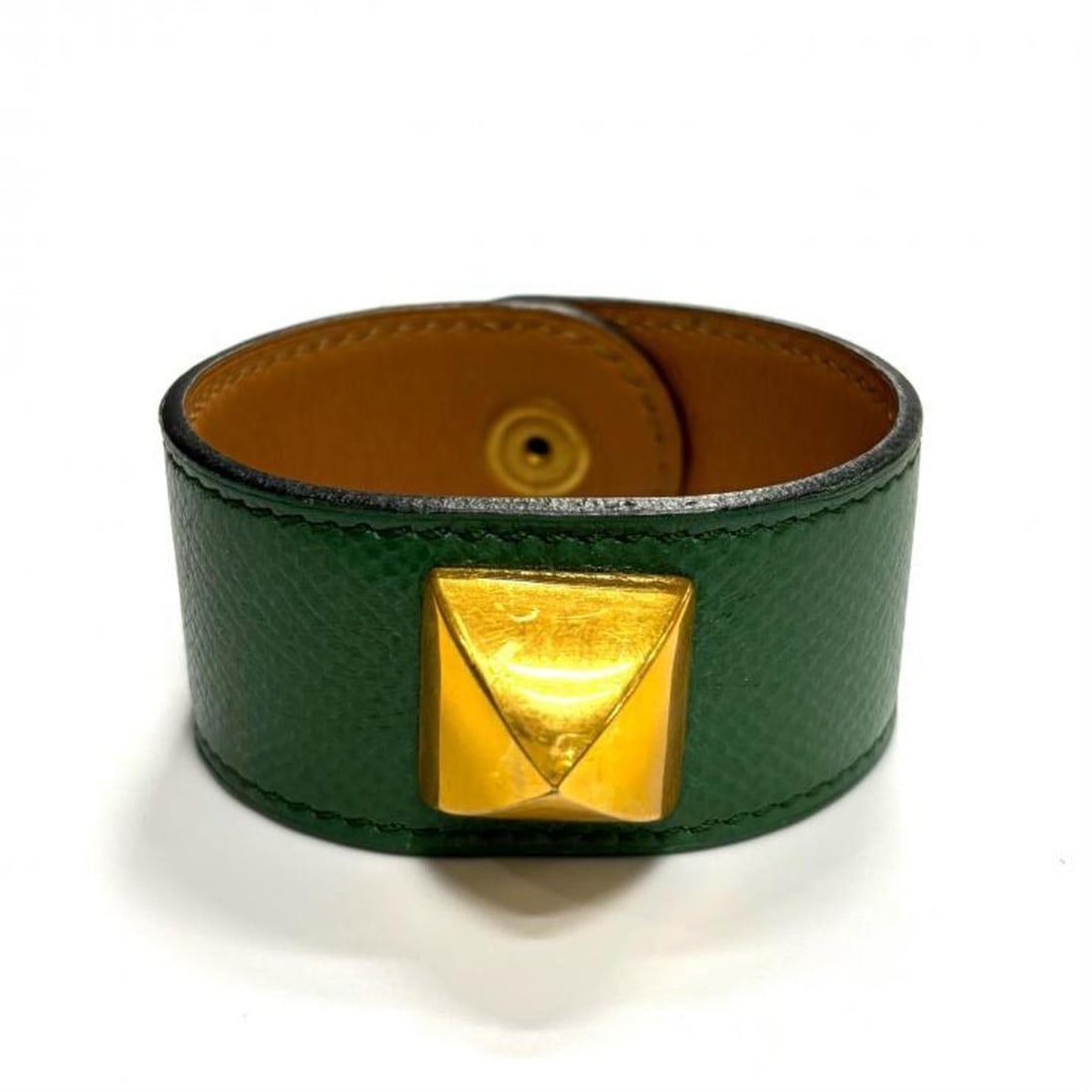 HERMES Medor Couchvel Green Stud Bangle Bracelet with Gold Hardware (1 of 10)