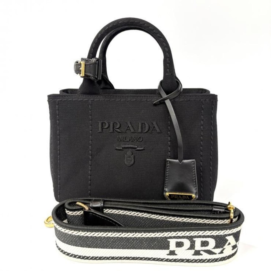 PRADA Canapa RICAMO 1BA038 Cotton Canvas Mini Handbag in Black, 2-Way Shoulder Bag, Prada (1 of 11)