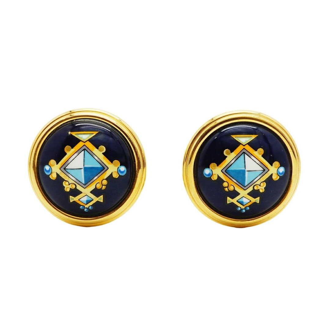 Hermes enamel circle earrings, GP plated, cloisonné, gold, navy, multicolor, women's: --- Catalog ---Category: SizeSize (HxWxD): 28.30mm x 28.30mm / 1.11'' x 1.11''Category: DesignType: Clip earringsColor: Gold, Multi-color, NavyGender: WomenMaterial: Cloisonné/enamel, Gold platingCat