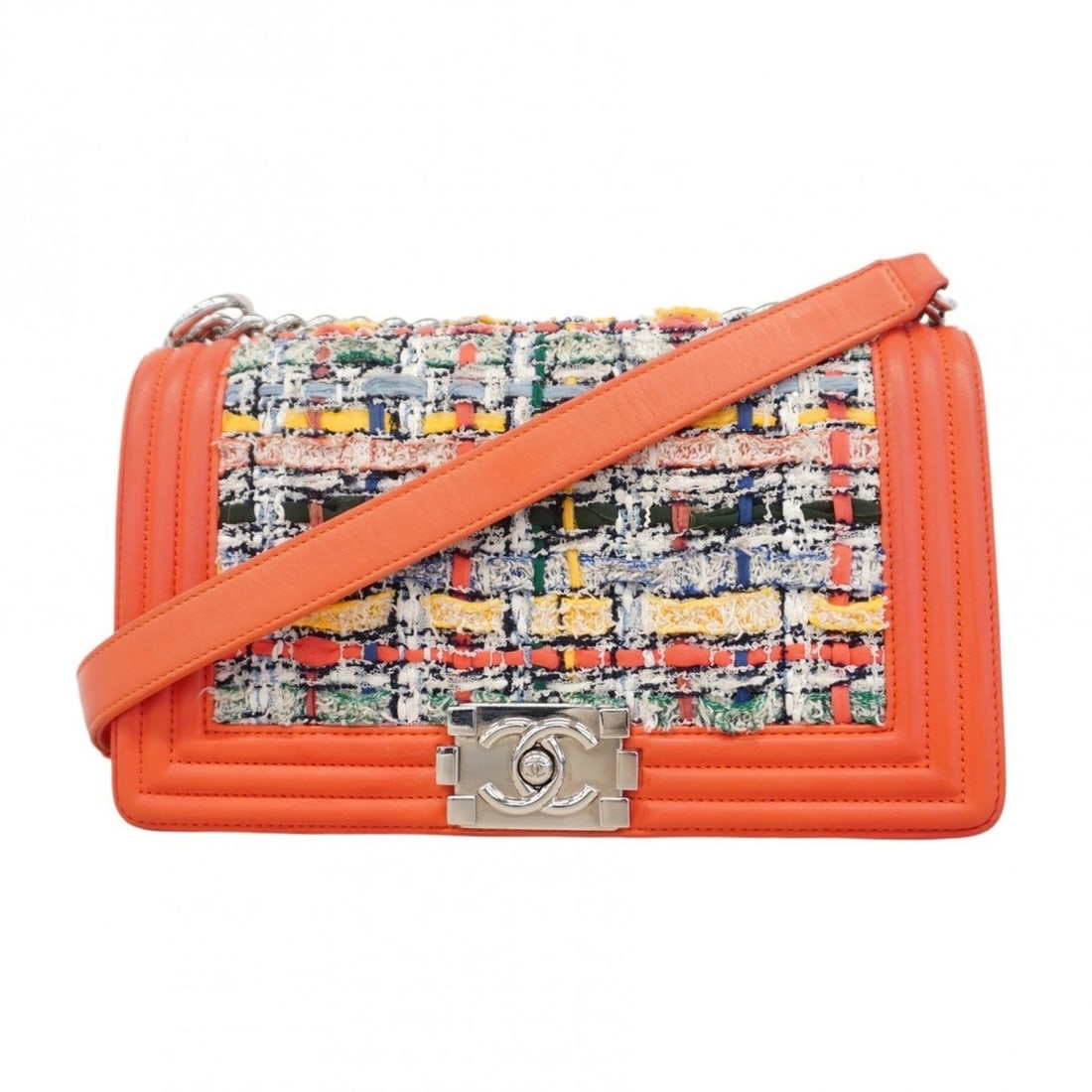 Chanel Boy Shoulder Bag, Chain Tweed, Orange, Multicolor, Women's, P2140204 (1 of 13)