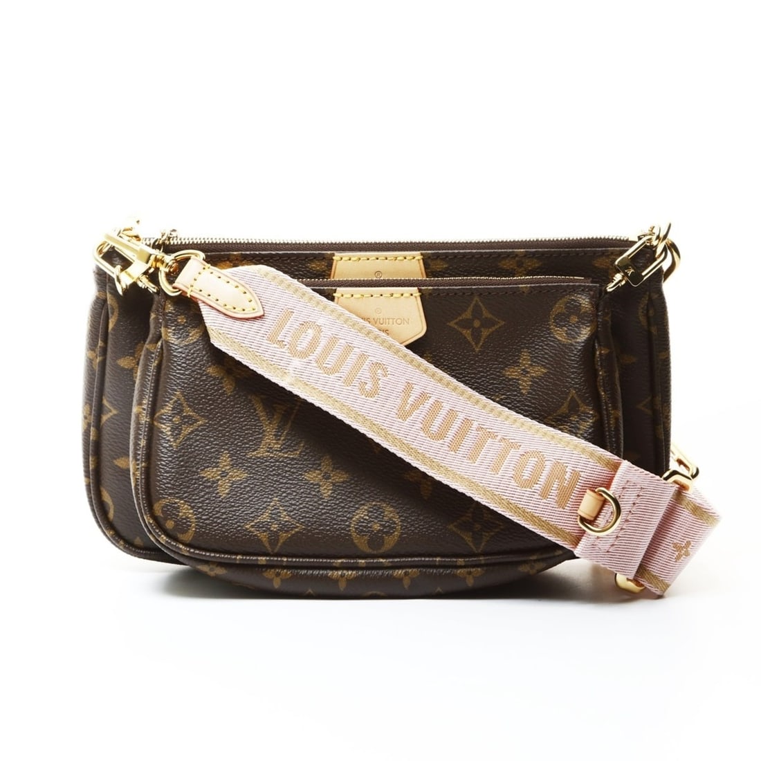 Louis Vuitton Multi Pochette Accessoires Monogram Pink Shoulder Bag Brown: --- Catalog ---Category: SizeSize (HxWxD): 13cm x 24.5cm x 4cm / 5.11'' x 9.64'' x 1.57''Strap Length: 110cm / 43.3''Category: DesignType: Shoulder bagColor: BrownGender: WomenMaterial: Monogram Categ