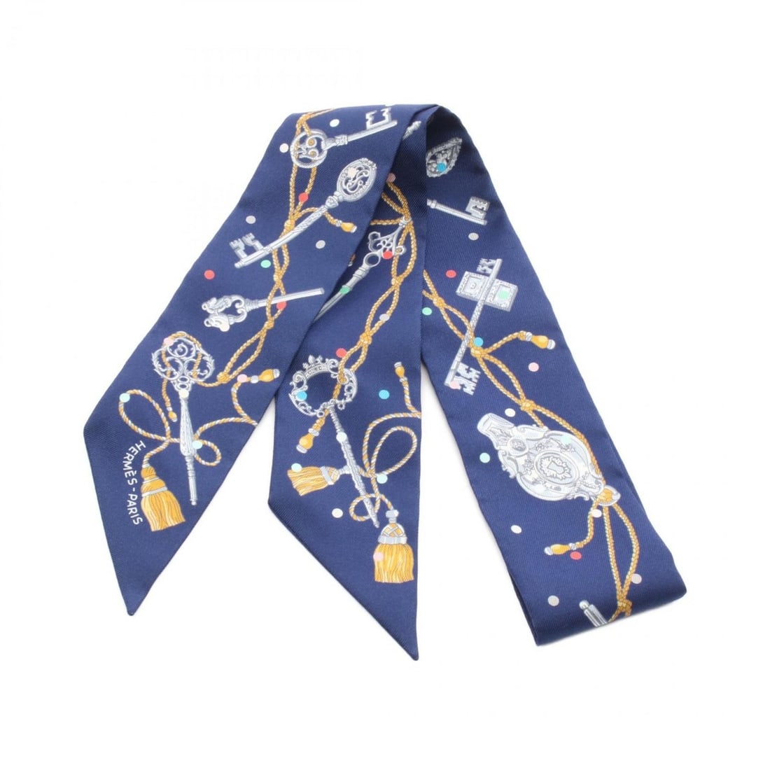 Hermes Hermès Twilly "Les Cles a Pois" Silk Scarf for Women, Navy Blue, Multicolor (1 of 8)