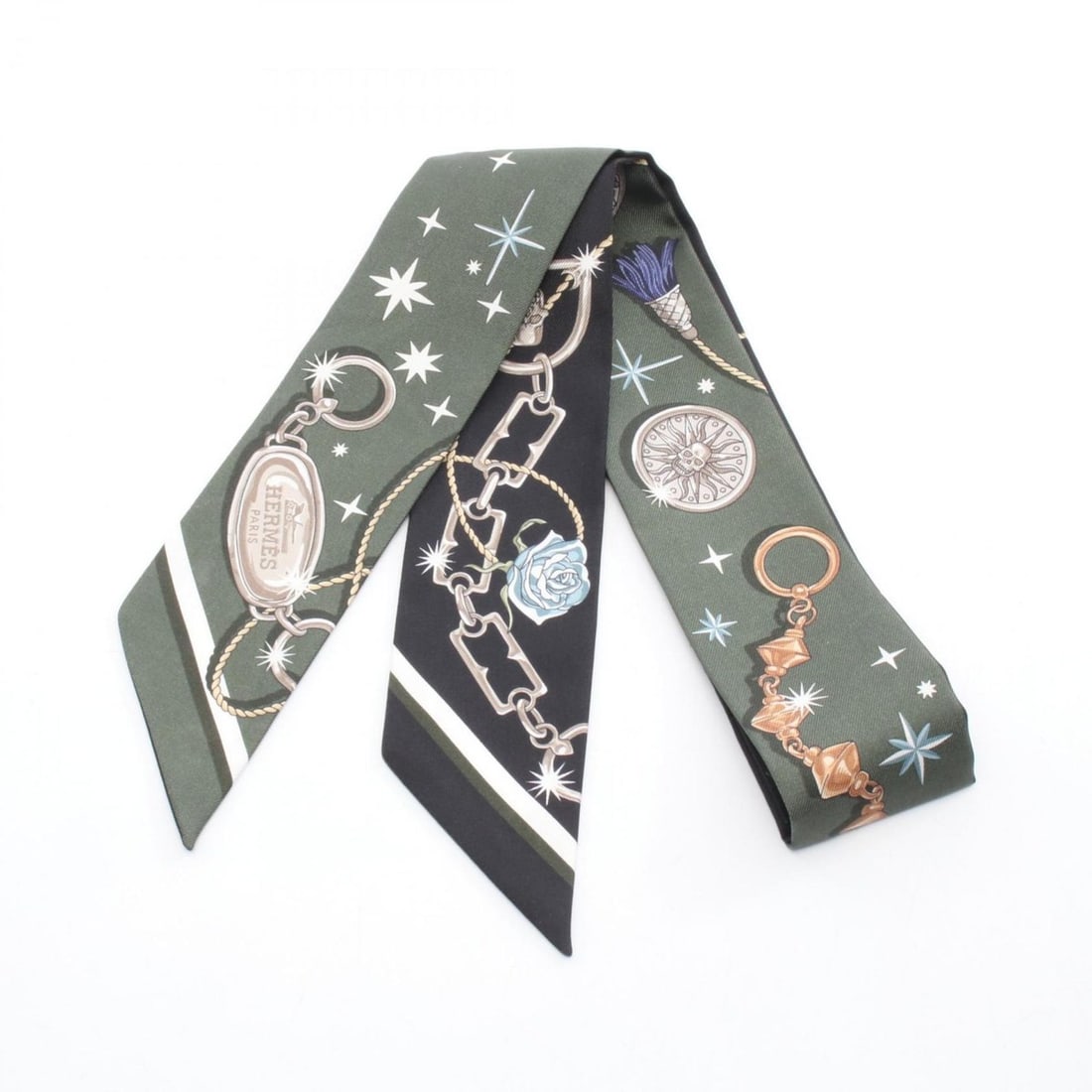 Hermes Hermès C'EST LA FETE Twilly Silk Scarf for Women, Khaki, Black, Multicolor: --- Catalog ---Category: SizeSize (LxW): 87cm x 5cm / 34.25'' x 1.96''Category: DesignType: ScarfColor: Black, Khaki, Multi-colorGender: WomenMaterial: Silk Category: GeneralBrand: Hermes--- Item List