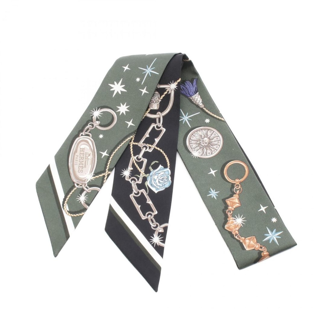 Hermes Hermès C'EST LA FETE Twilly Silk Scarf for Women, Khaki, Black, Multicolor: --- Catalog ---Category: SizeSize (LxW): 87.5cm x 5cm / 34.44'' x 1.96''Category: DesignType: ScarfColor: Black, Khaki, Multi-colorGender: WomenMaterial: Silk Category: GeneralBrand: Hermes--- Item Li