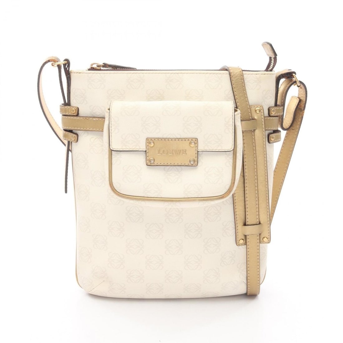 LOEWE Repeat Anagram Shoulder Bag, Coated Canvas and Leather, Women's, White Gold: --- Catalog ---Category: SizeSize (HxWxD): 27cm x 23cm x 5cm / 10.62'' x 9.05'' x 1.96''Category: DesignType: Shoulder bagColor: WhiteGender: WomenMaterial: Coated canvas , Leather Category: GeneralBr