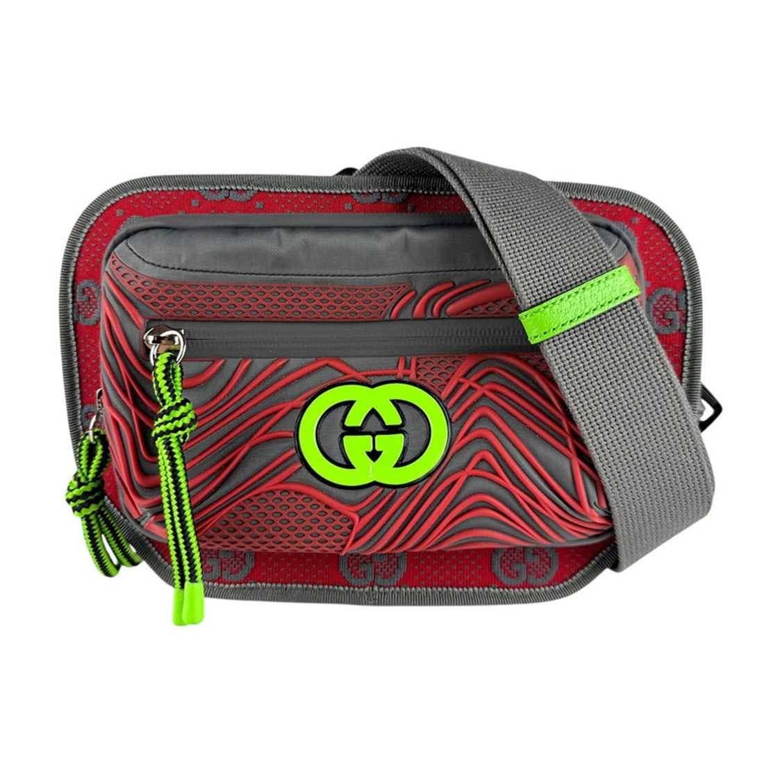 Gucci Men's Interlocking Nylon Waist Bag in Red, Gray, and Neon Green (752102 z8302): --- Catalog ---Category: SizeSize (HxWxD): 13cm x 19cm x 2cm / 5.11'' x 7.48'' x 0.78''Category: DesignType: Fanny packColor: Gray, Green, Red colorGender: Men,WomenMaterial: Nylon Category: GeneralMP