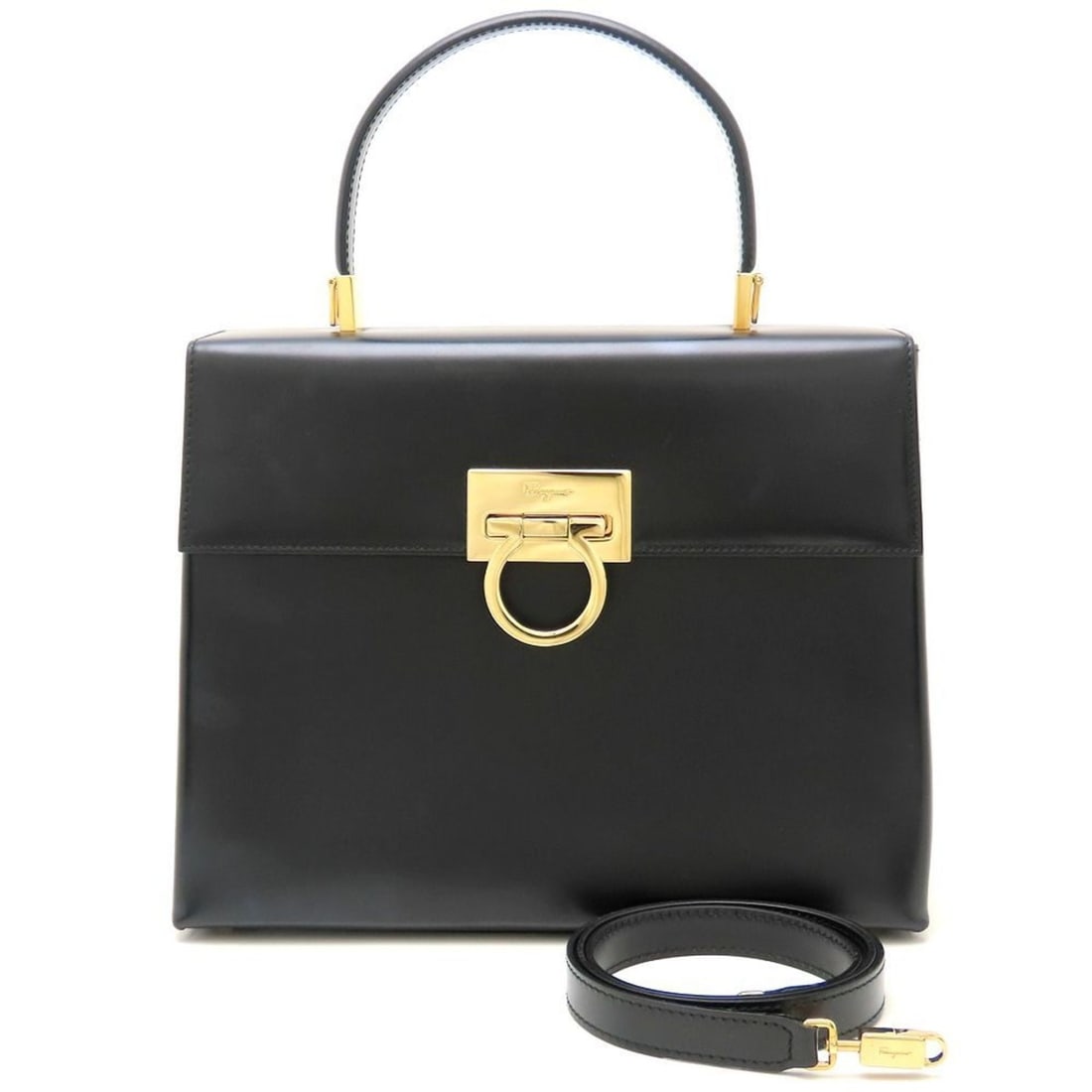Salvatore Ferragamo Gancini 2-Way Handbag AF-218657, Calfskin, Black, Women's, 353029 (1 of 18)