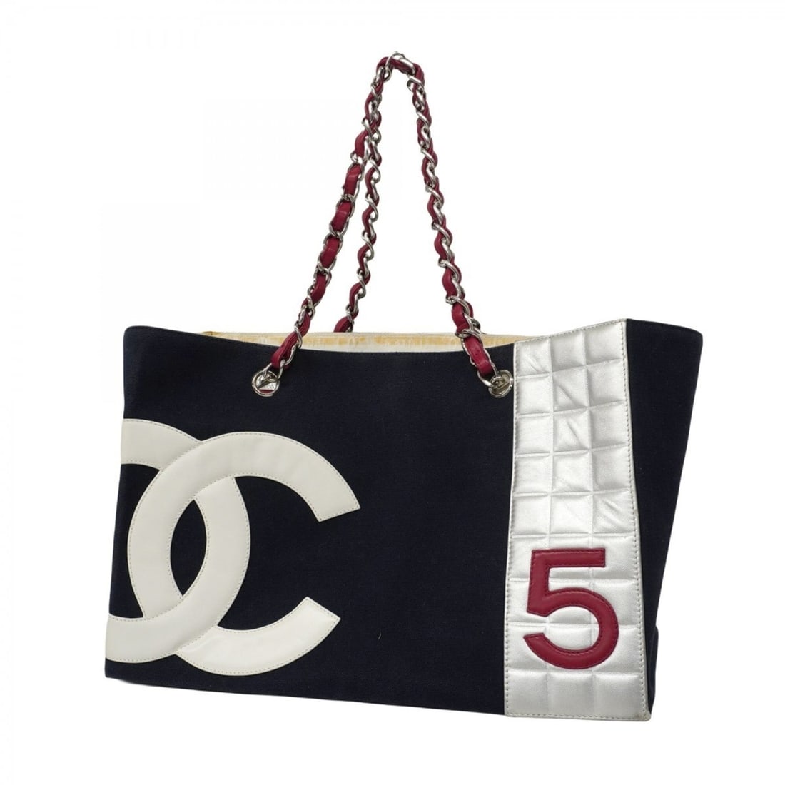 Chanel Chain Tote No. 5 Canvas Navy Red Women's P2136088: --- Catalog ---Category: SizeSize (HxWxD): 24cm x 36.5cm x 16.5cm / 9.44'' x 14.37'' x 6.49''Category: DesignType: Tote bagColor: Navy, Red colorGender: WomenMaterial: Canvas Hardware Color: SilverCat
