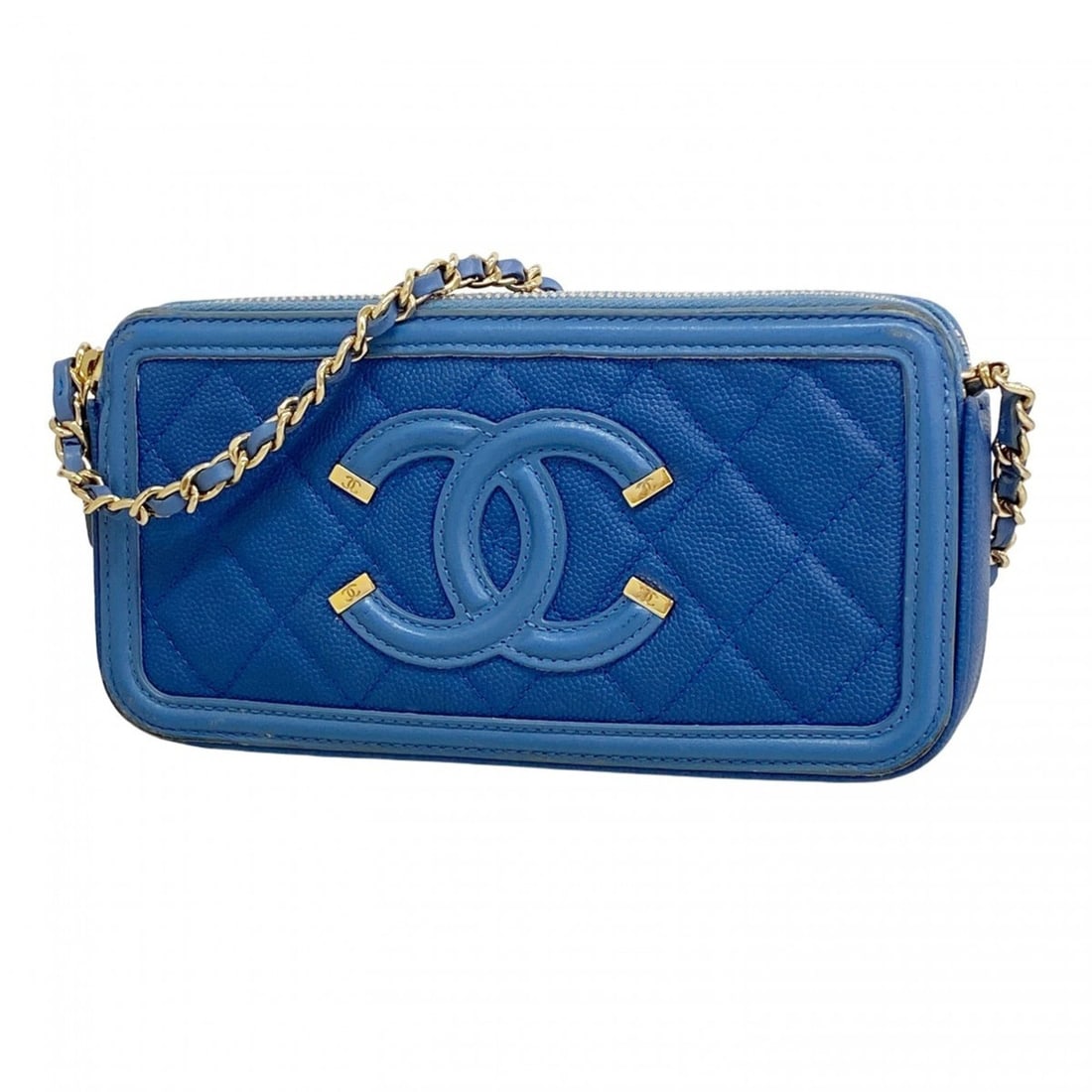 Chanel Shoulder Bag, Chain Shoulder, CC Filigree, Caviar Skin, Blue, Champagne, Women's: --- Catalog ---Category: SizeSize (HxWxD): 9.5cm x 18.5cm x 3.5cm / 3.74'' x 7.28'' x 1.37''Category: DesignType: Shoulder bagColor: BlueGender: WomenMaterial: Grained Calfskin Hardware Color: Champag