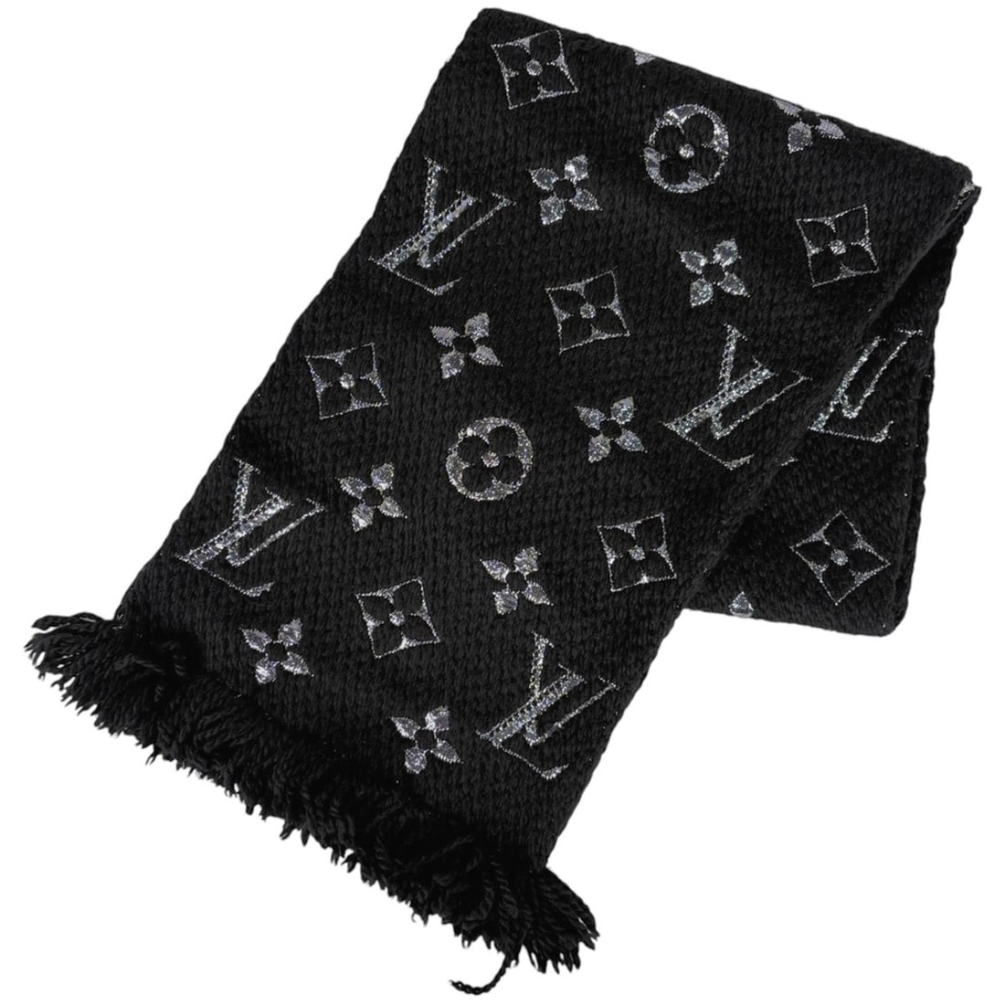 Louis Vuitton Echarpe Logo Mania Shine Monogram Scarf, Wool, Silk, Polyester, Black, Silver, Women's (1 of 8)