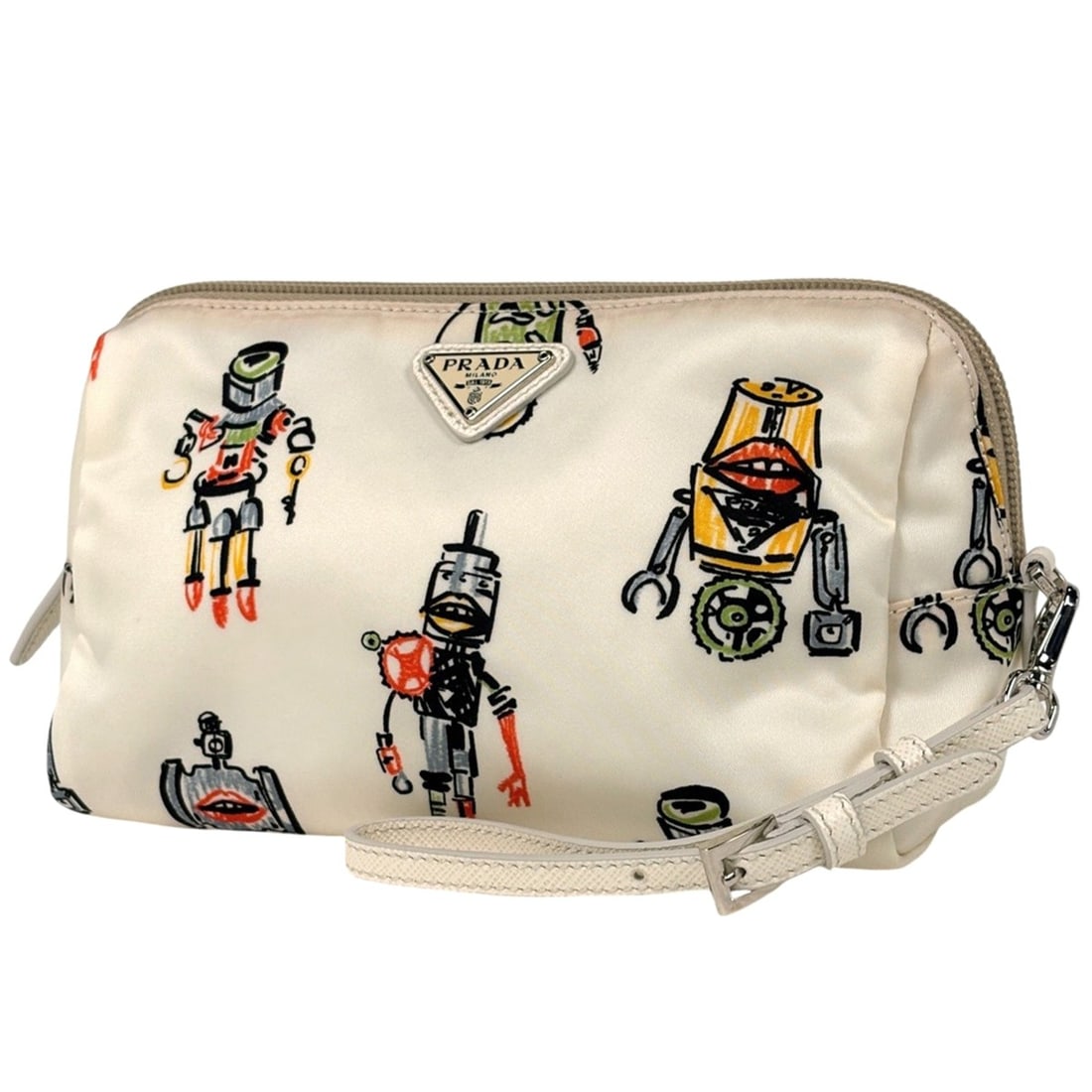 Prada Robot Cosmetic Pouch with Logo Plate, Tessuto Nylon, White, 1NE693, Women's: --- Catalog ---Category: SizeSize (HxWxD): 11cm x 19cm x 9cm / 4.33'' x 7.48'' x 3.54''Category: DesignType: PouchColor: WhiteGender: WomenMaterial: Nylon Category: GeneralBrand: Prada--- Item List --