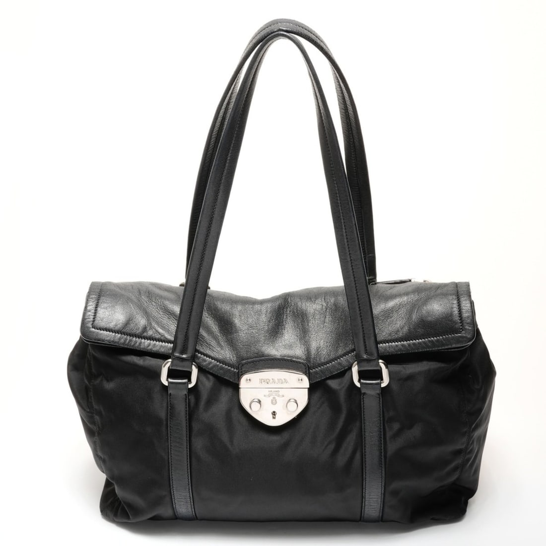 Prada nylon and leather lock shoulder bag in black (1 of 14)
