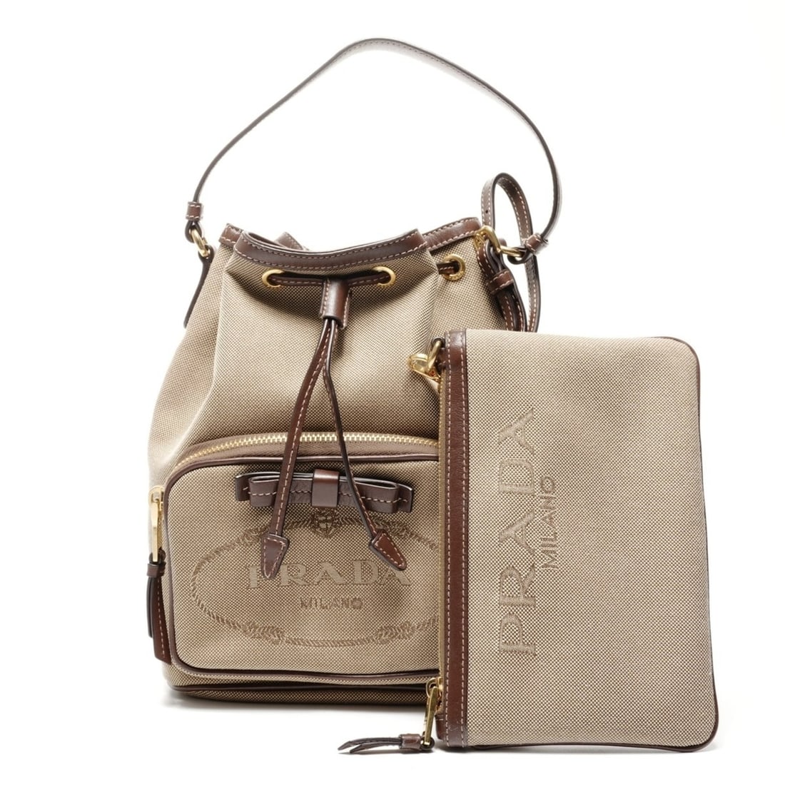 Prada Jacquard Logo Drawstring Shoulder Bag in Beige (1 of 16)