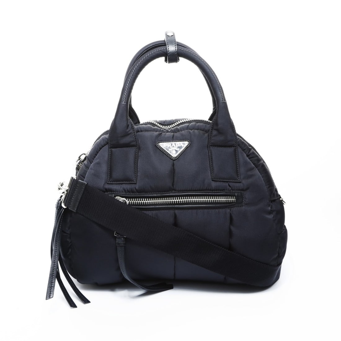Prada Tessuto bomber nylon padded 2-way handbag in black: --- Catalog ---Category: SizeHandle Drop: 10.00cm / 3.94''Size (HxWxD): 24cm x 33cm x 15cm / 9.44'' x 12.99'' x 5.9''Strap Length: 74cm - 127cm / 29.13'' - 49.99''Category: DesignType: HandbagColor: B