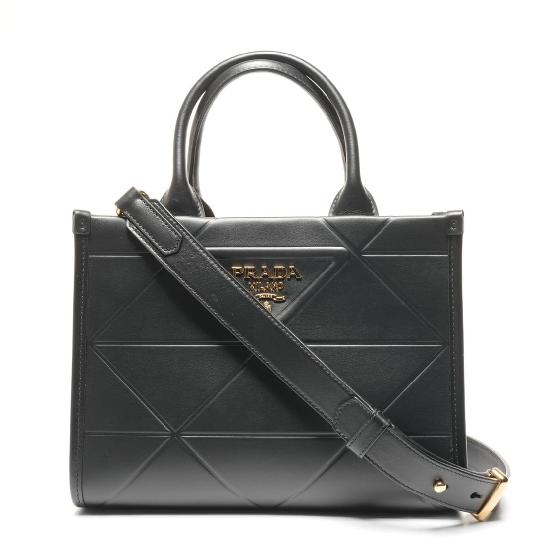 Prada PRADA 2-way leather symbol topstitch small handbag in black (1 of 12)