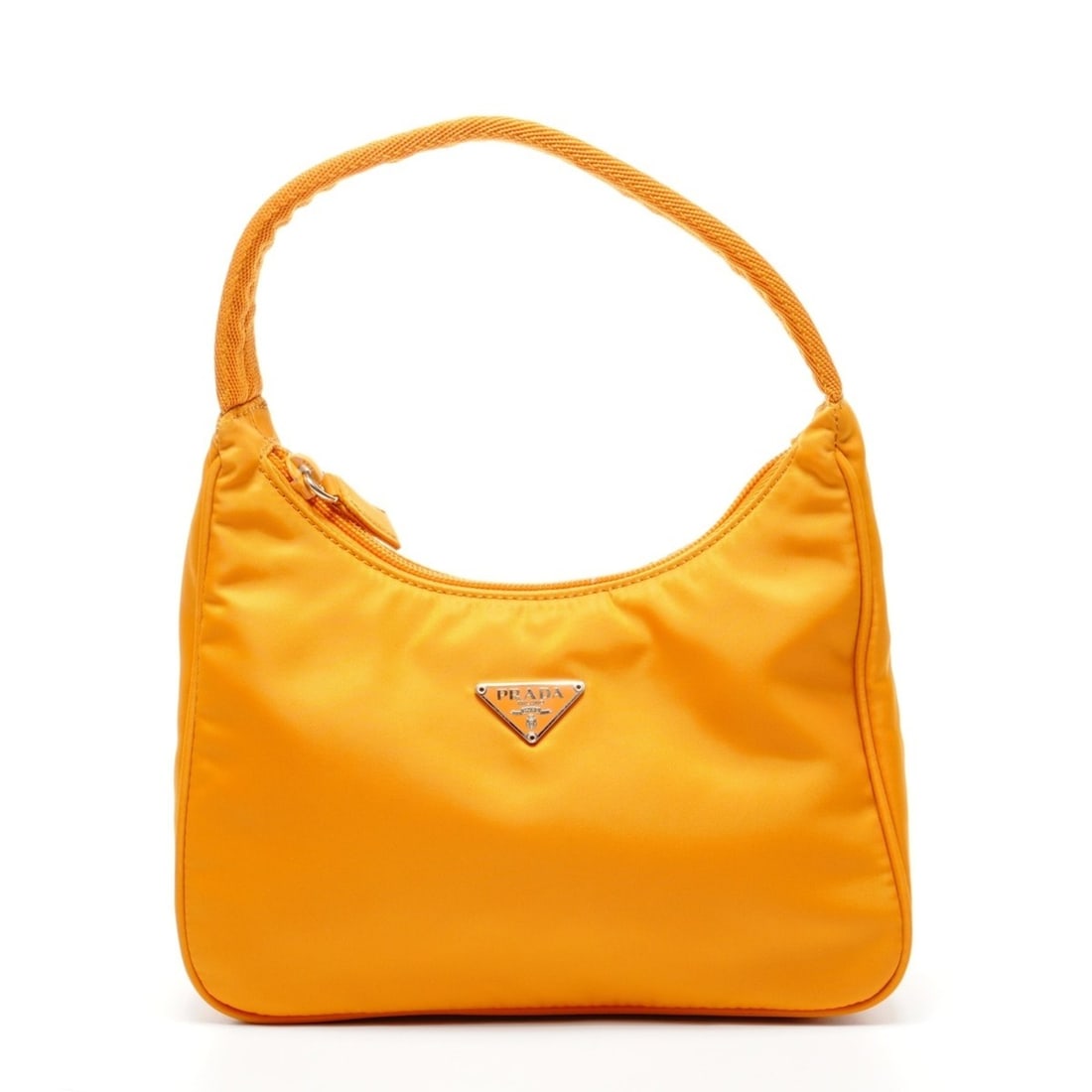 Prada nylon hobo mini handbag in orange: --- Catalog ---Category: SizeHandle Drop: 12.50cm / 4.92''Size (HxWxD): 17cm x 21cm x 7cm / 6.69'' x 8.26'' x 2.75''Category: DesignType: HandbagColor: OrangeGender: WomenMaterial: Nylon Category: Gen