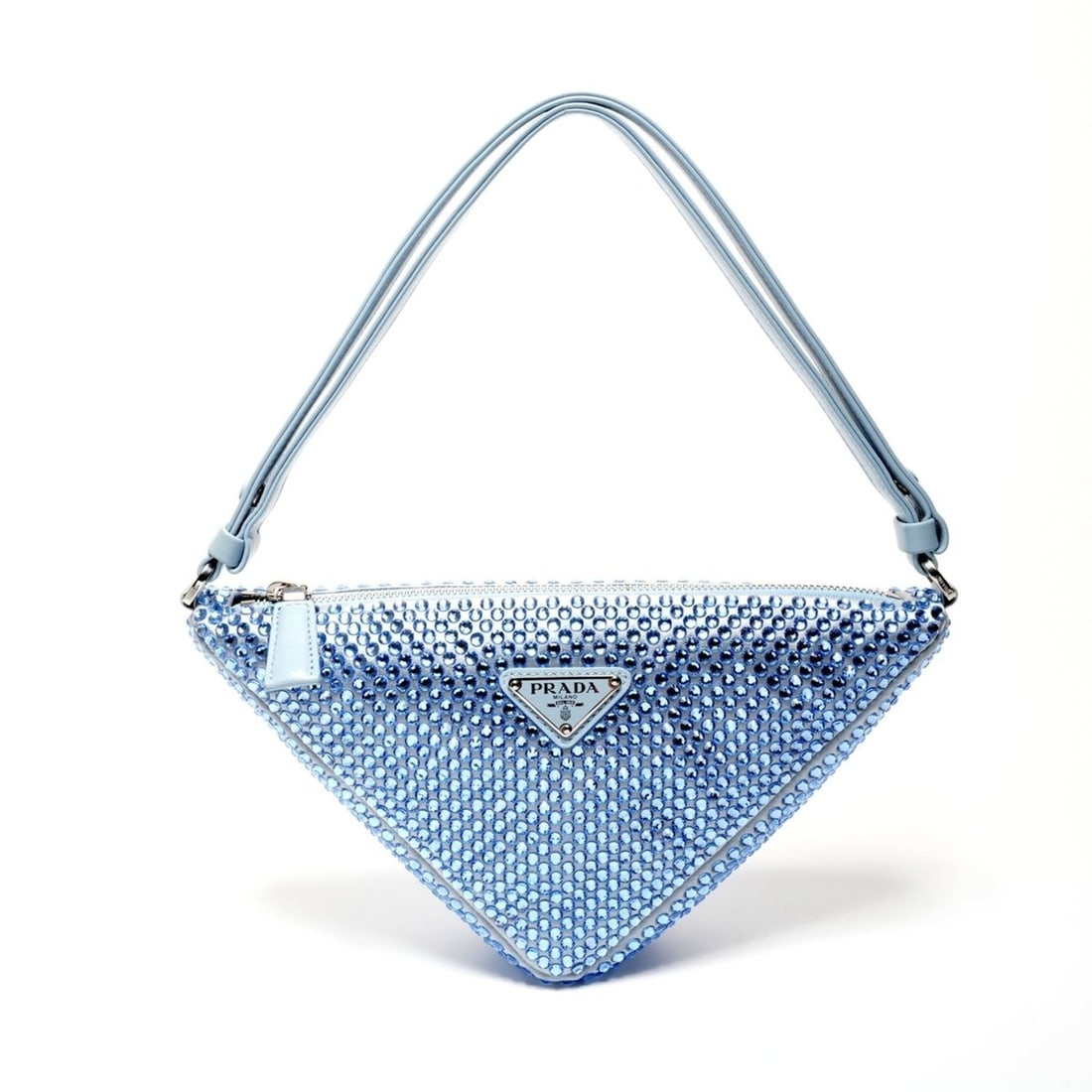 Prada Rhinestone Satin Crystal Triangle 2-Way Shoulder Bag in Blue: --- Catalog ---Category: SizeSize (HxWxD): 14cm x 27cm x 7cm / 5.51'' x 10.62'' x 2.75''Strap Length: 45cm - 115cm / 17.71'' - 45.27''Category: DesignType: Shoulder bagColor: BlueMaterial: Rhinestone