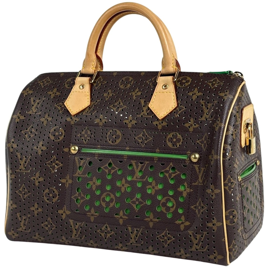 Louis Vuitton Speedy 30 Mini Boston Bag, Monogram Perforated Brown with Vert (Green) M95181, Women's: --- Catalog ---Category: SizeSize (HxWxD): 21cm x 30cm x 17cm / 8.26'' x 11.81'' x 6.69''Category: DesignType: Boston bag, HandbagColor: GreenGender: WomenMaterial: Monogram Perforated Category: Gener