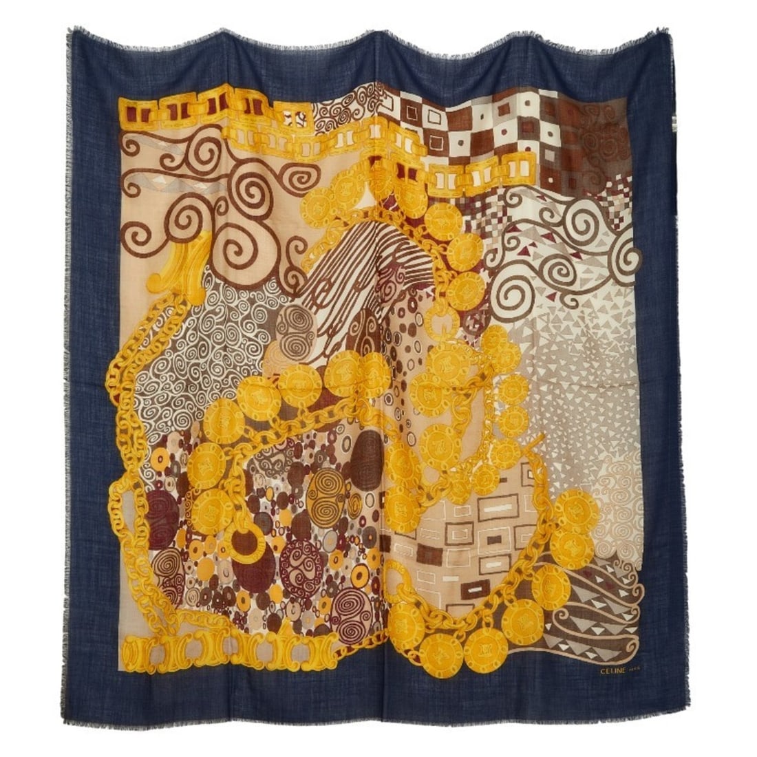 Celine all-over print scarf/muffler in navy and multicolor wool silk for women.: --- Catalog ---Category: SizeSize (LxW): 1.39m x 1.34m / 54.72'' x 52.75''Category: DesignType: ScarfColor: Multi-color, NavyGender: WomenMaterial: Wool , Silk Category: GeneralBrand: Celine--- Item L