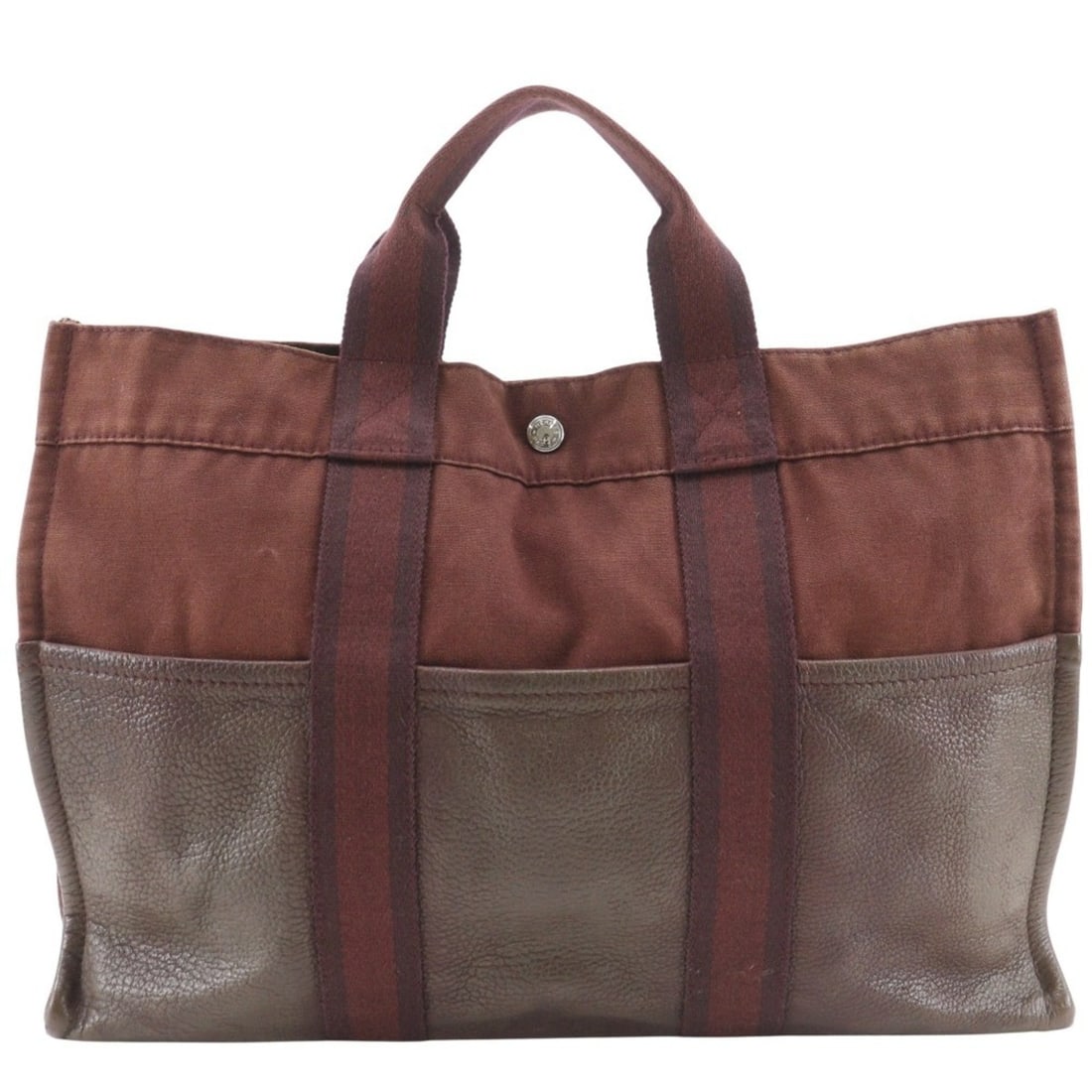 Hermes Sack Fourre Tout MM Handbag Half Leather Cotton Canvas x Brown A4 Snap Button Unisex: --- Catalog ---Category: SizeSize (HxWxD): 30cm x 42cm x 10cm / 11.81'' x 16.53'' x 3.93''Category: DesignType: HandbagColor: BrownGender: Women,MenMaterial: Cotton canvas , Leather Category: GeneralB